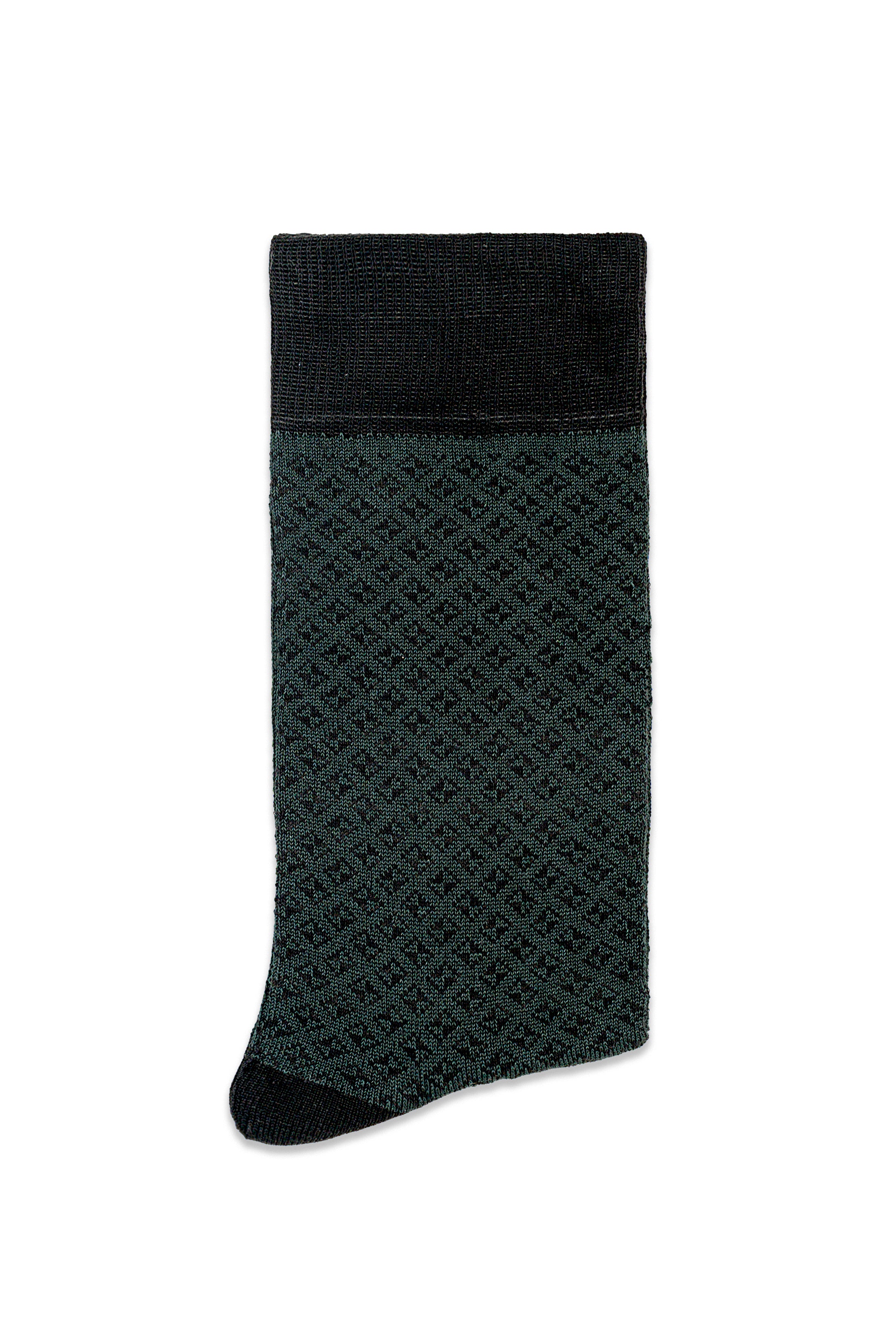 Dark green formal sock with repeating geometric pattern and black cuff