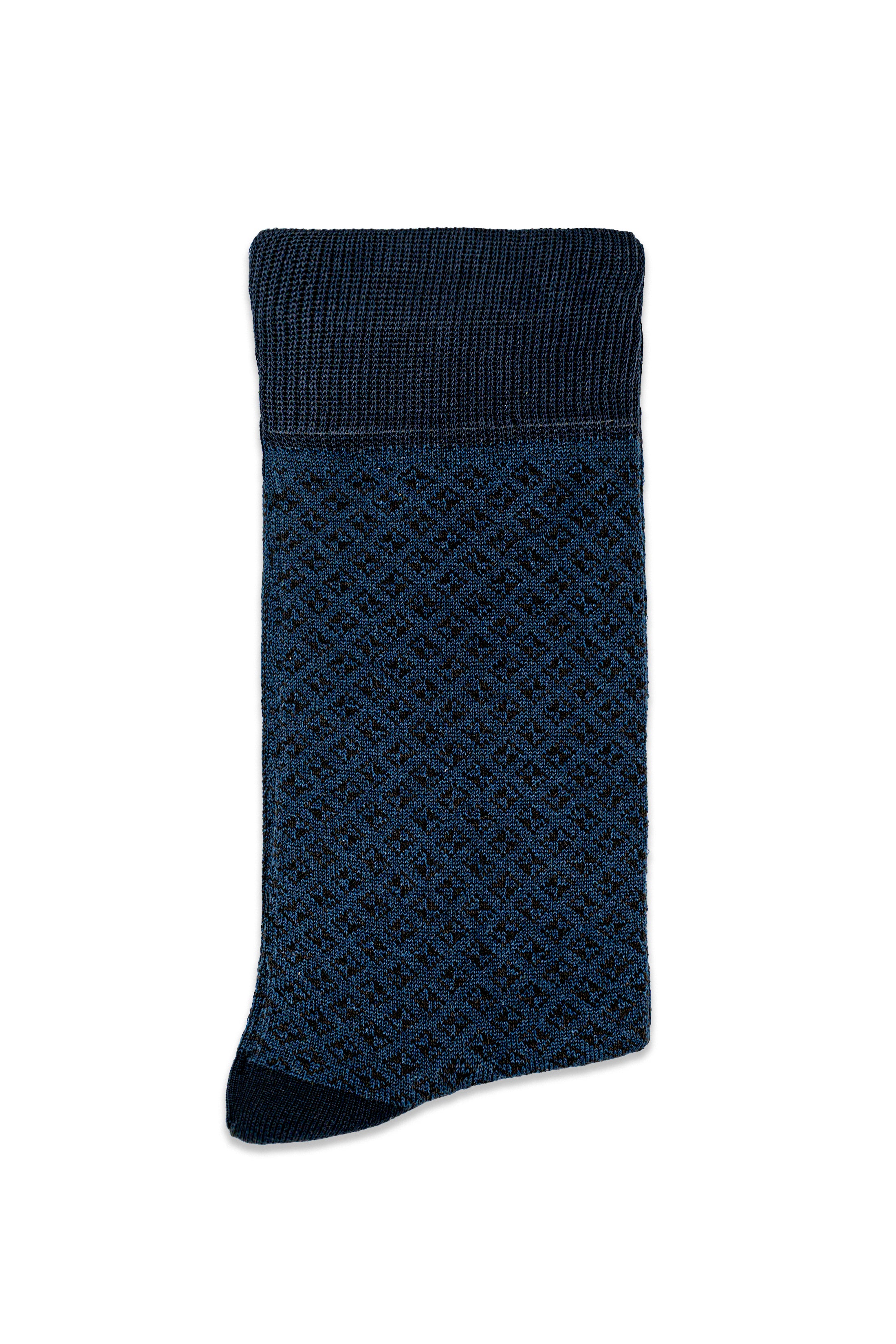 Navy formal dress sock with small diamond pattern, ribbed cuff and reinforced toe