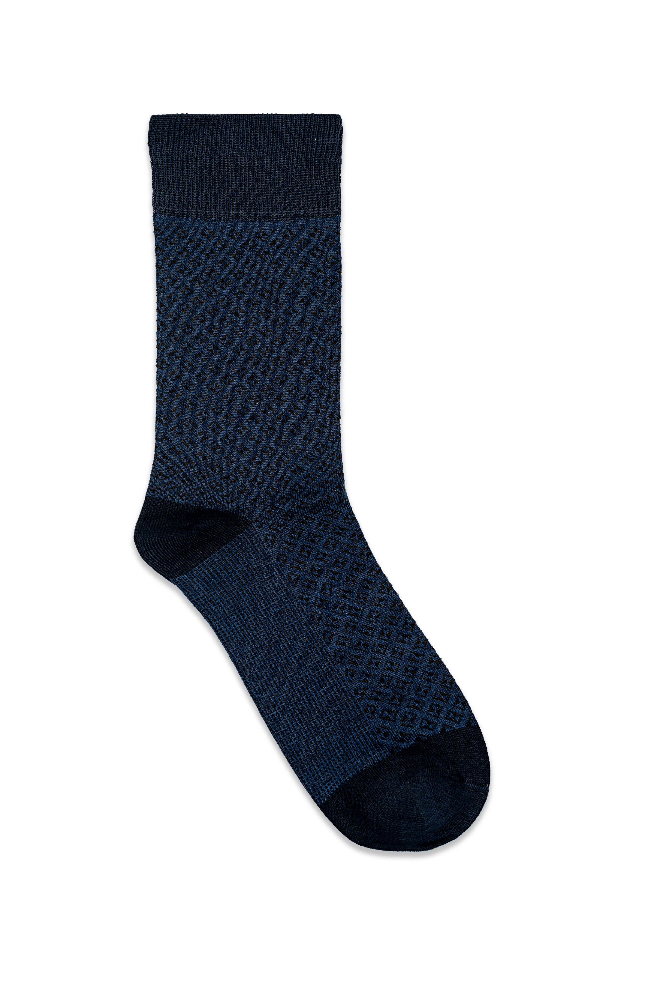 Navy dress sock with diamond-knit pattern and ribbed cuff, crew length