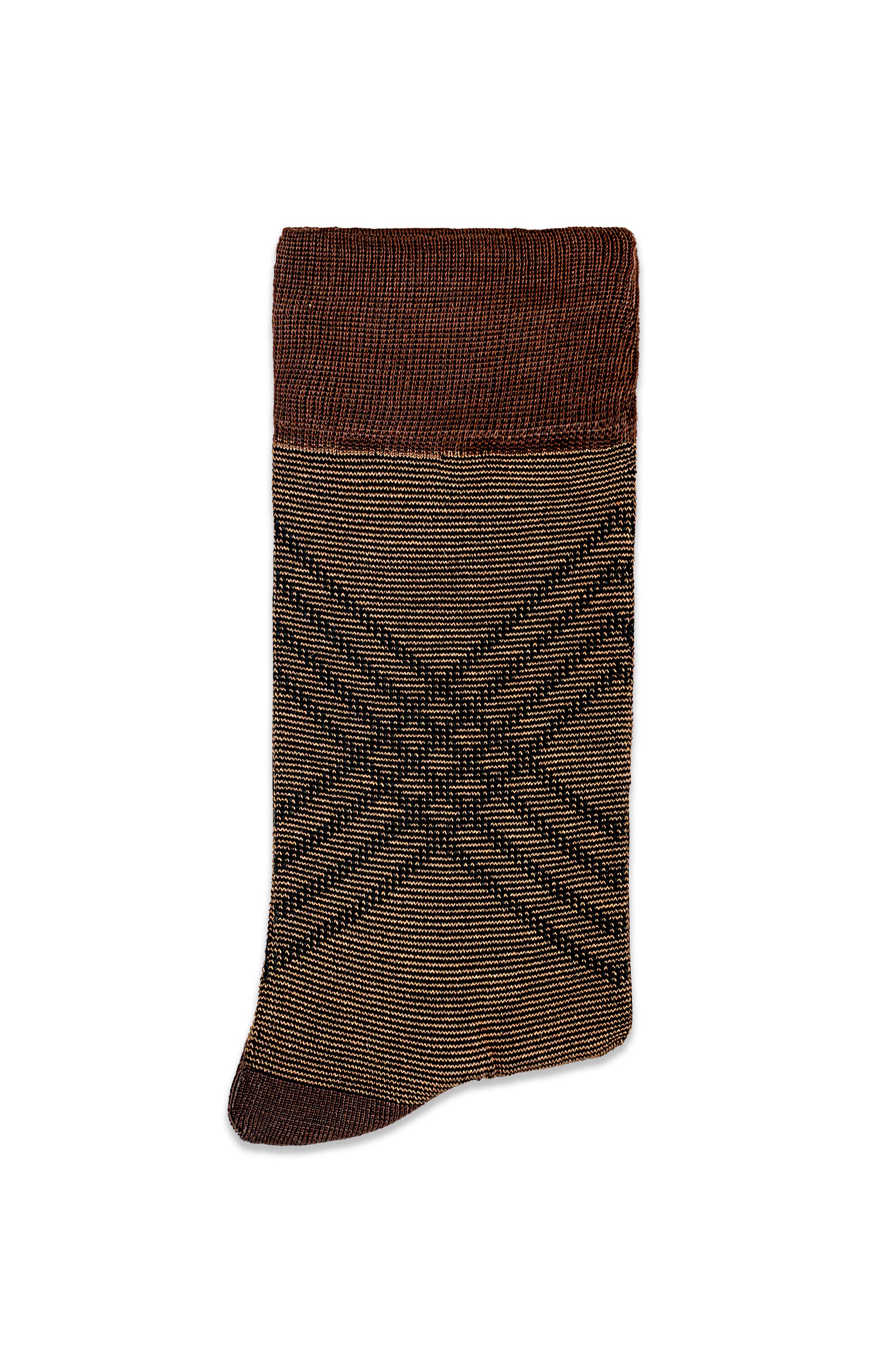 Brown formal dress sock with ribbed cuff and dark geometric pattern