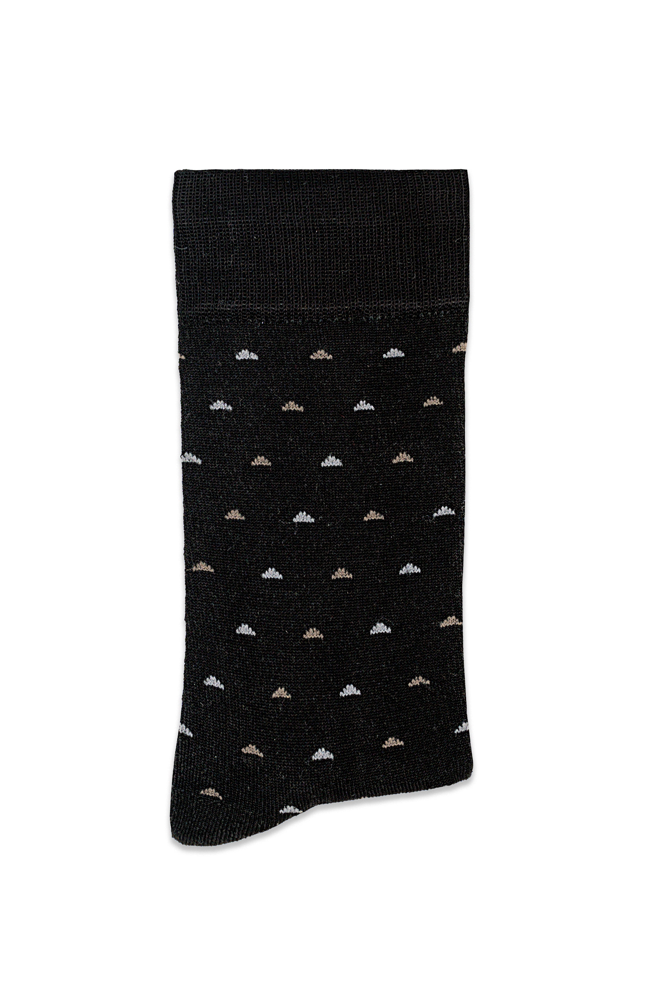 Black dress sock with scattered small designs, ribbed cuff