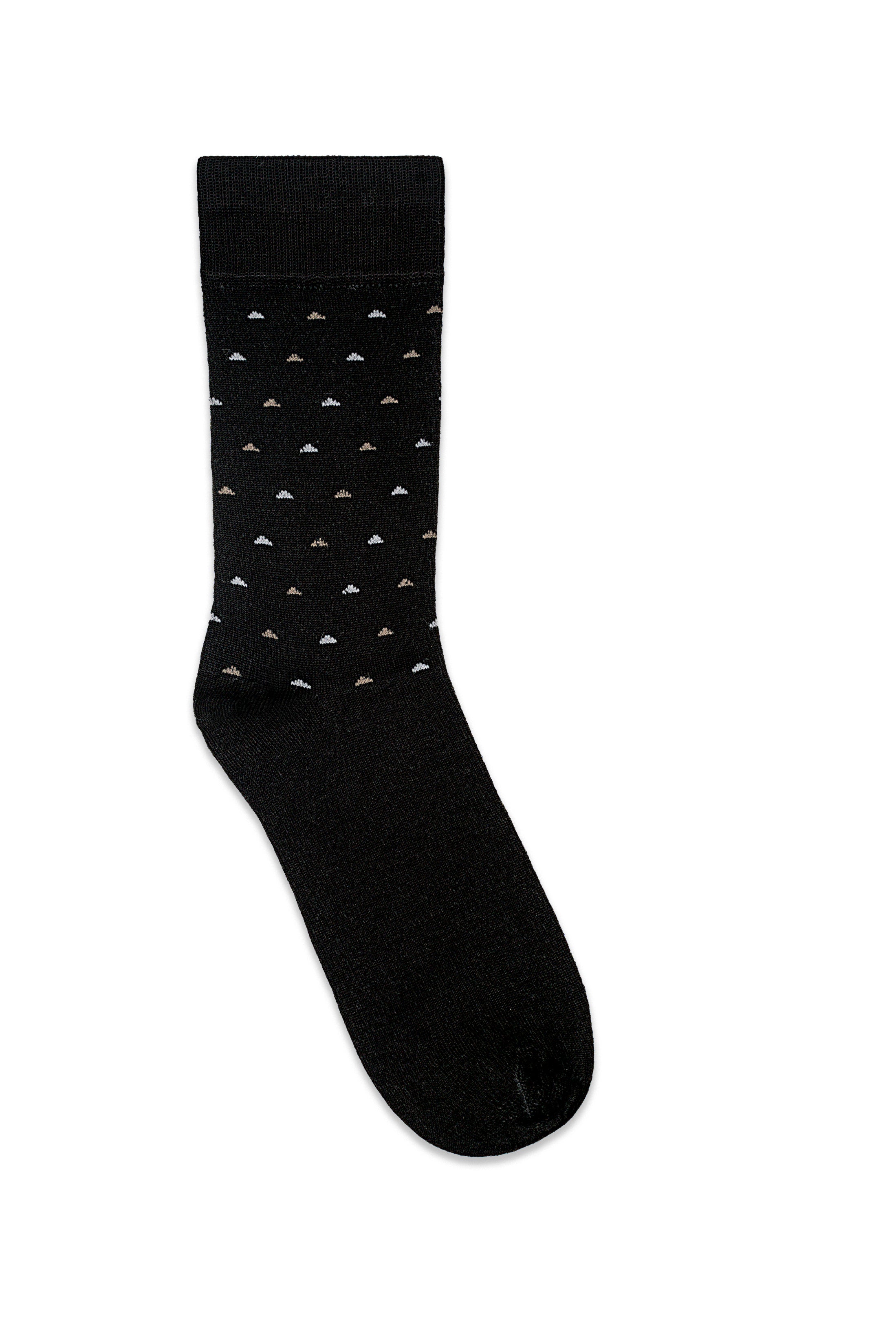 Black dress sock with small geometric pattern, ribbed cuff