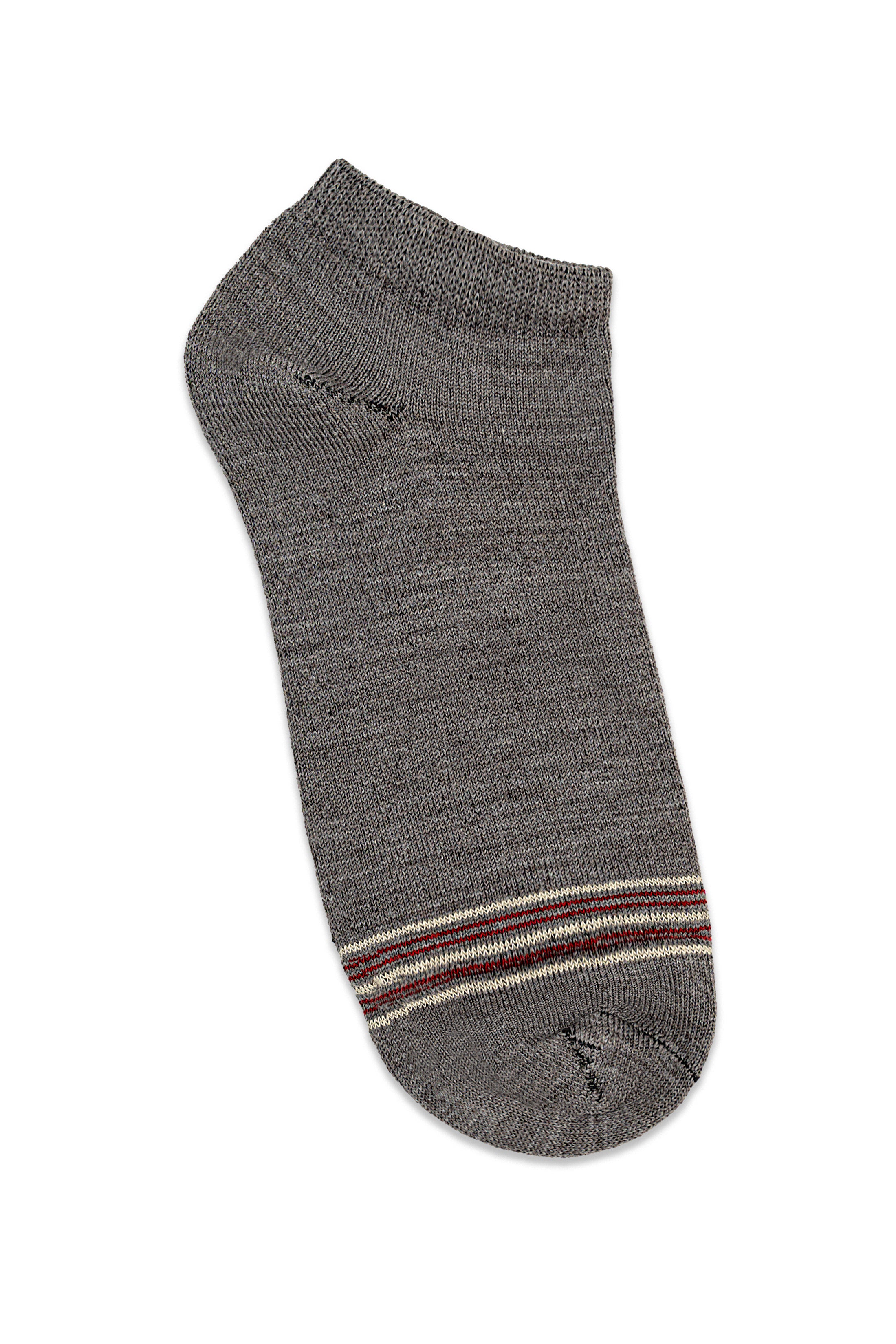 Gray ankle sock with ribbed cuff and multicolor stripe band at hem