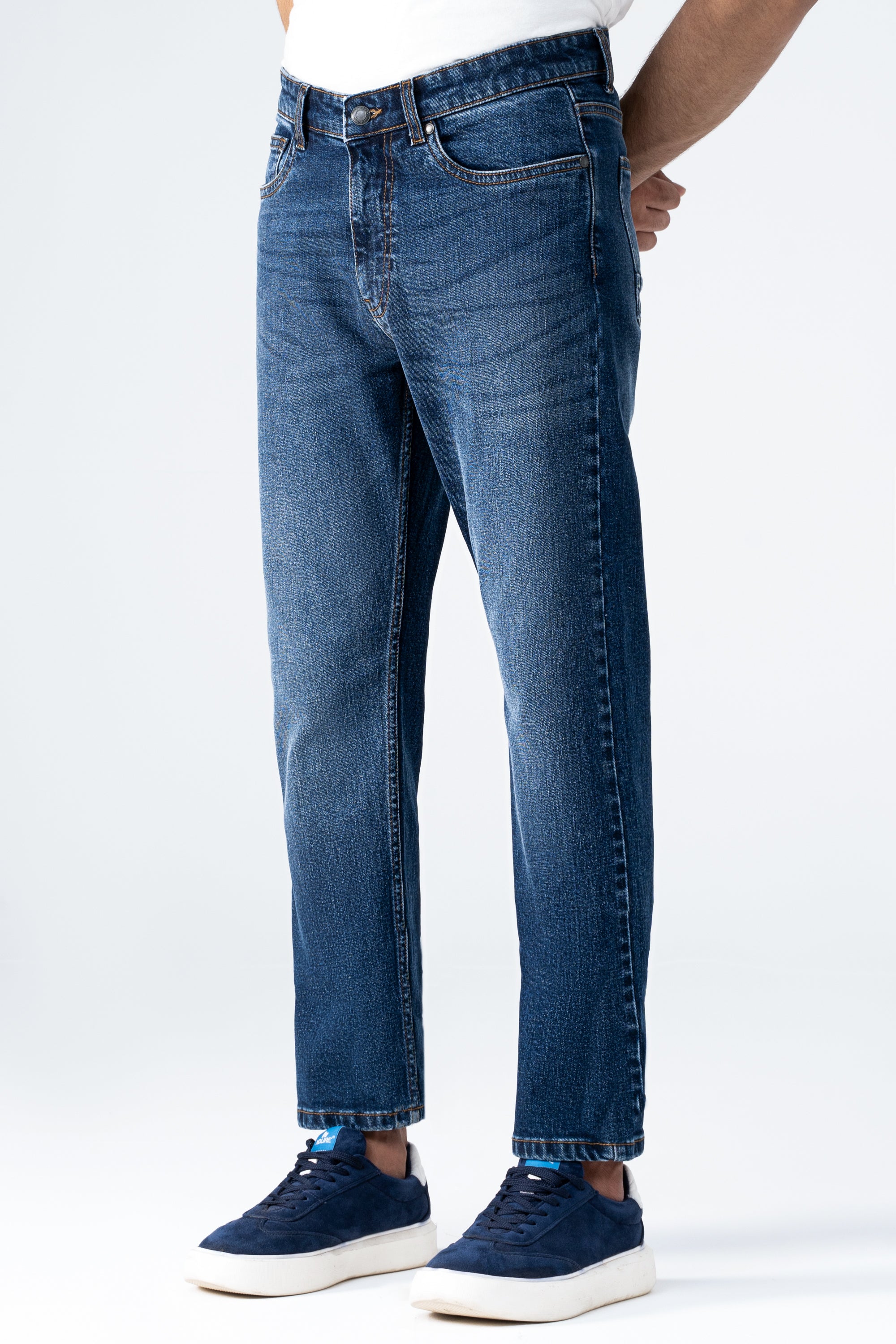 Straight-leg dark blue denim jeans with button-fly front and back pockets