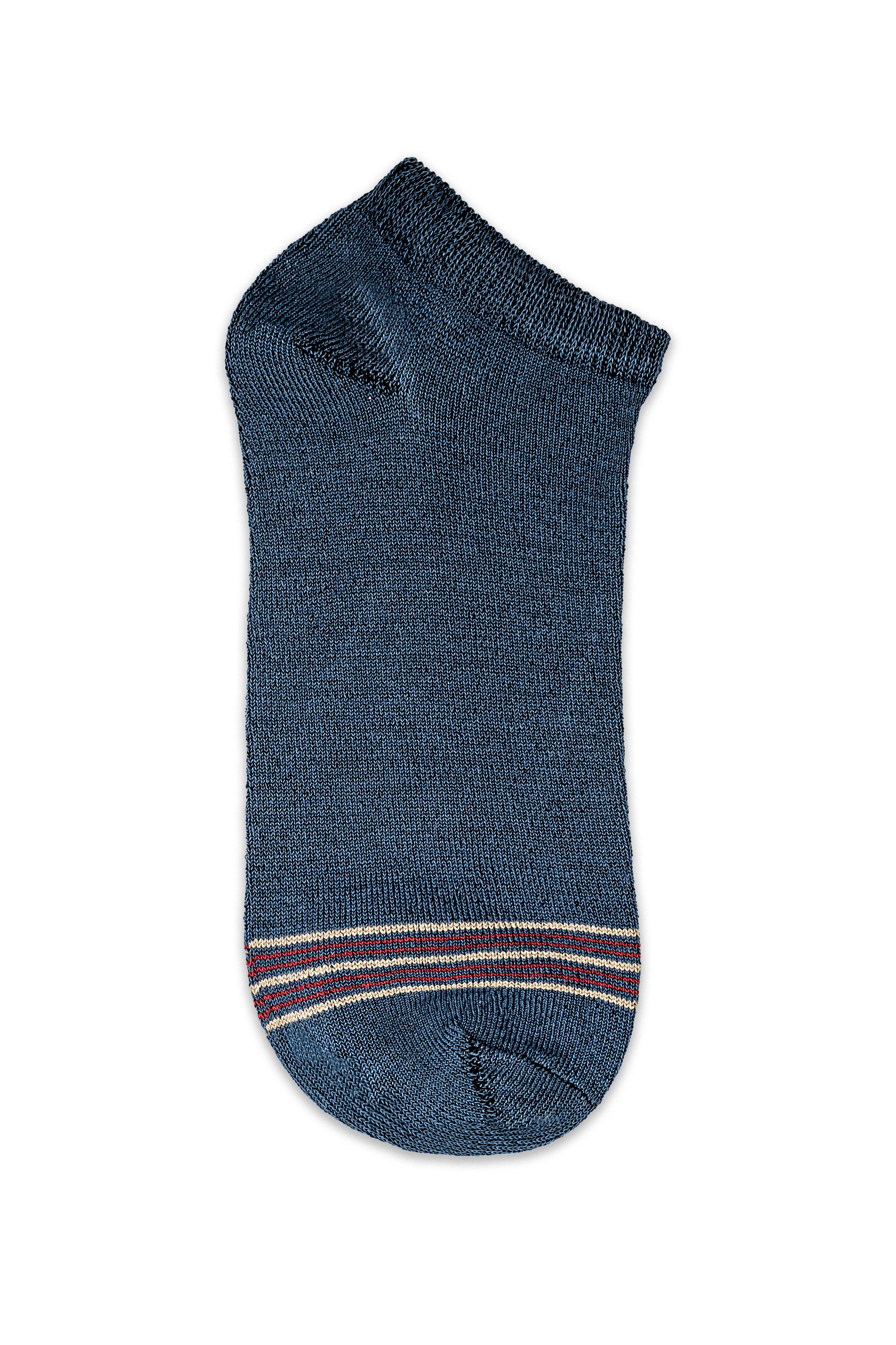 Dark blue ankle sock with ribbed cuff and striped band near hem
