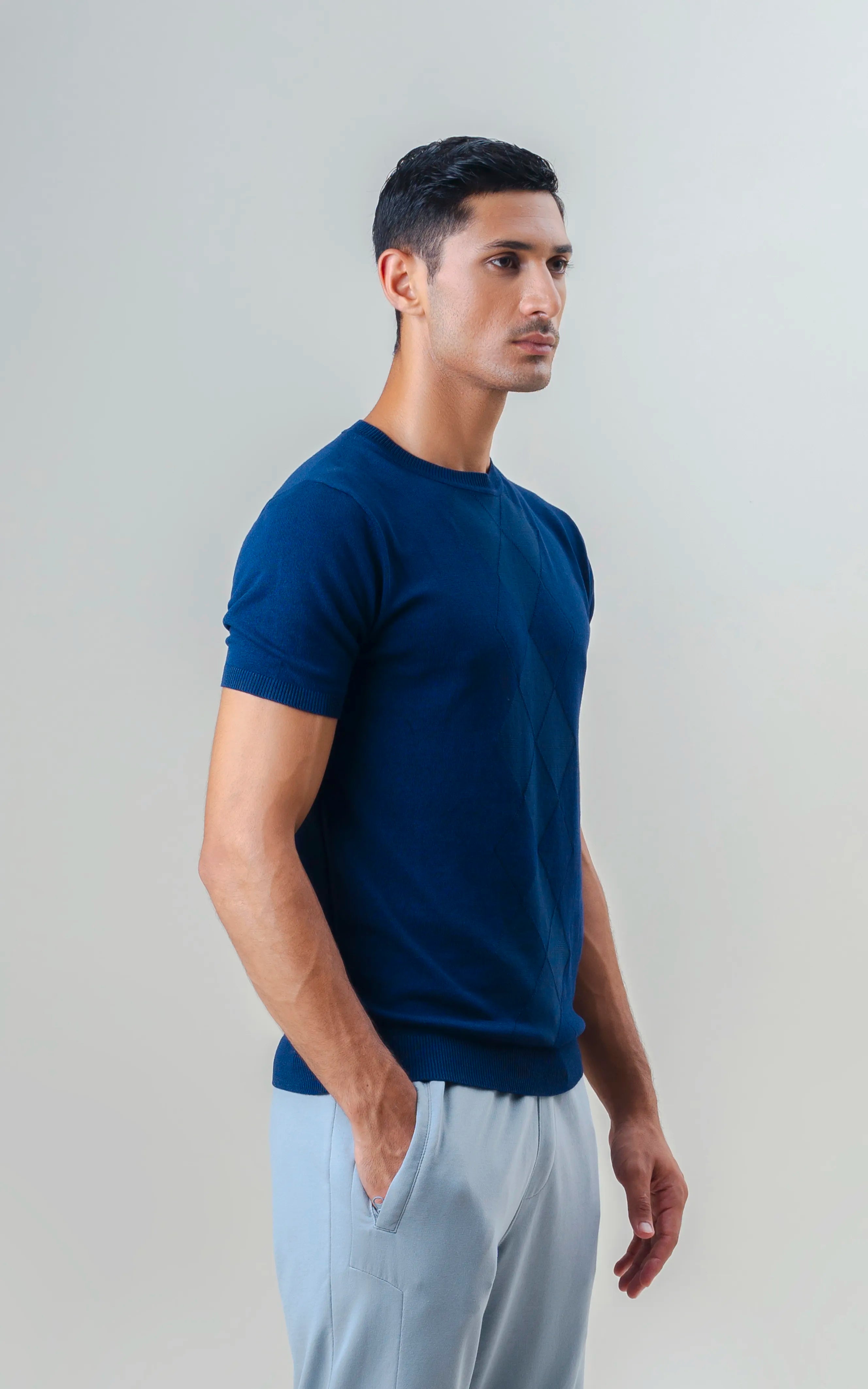 KNITTED CREW NECK T SHIRT DARK BLUE