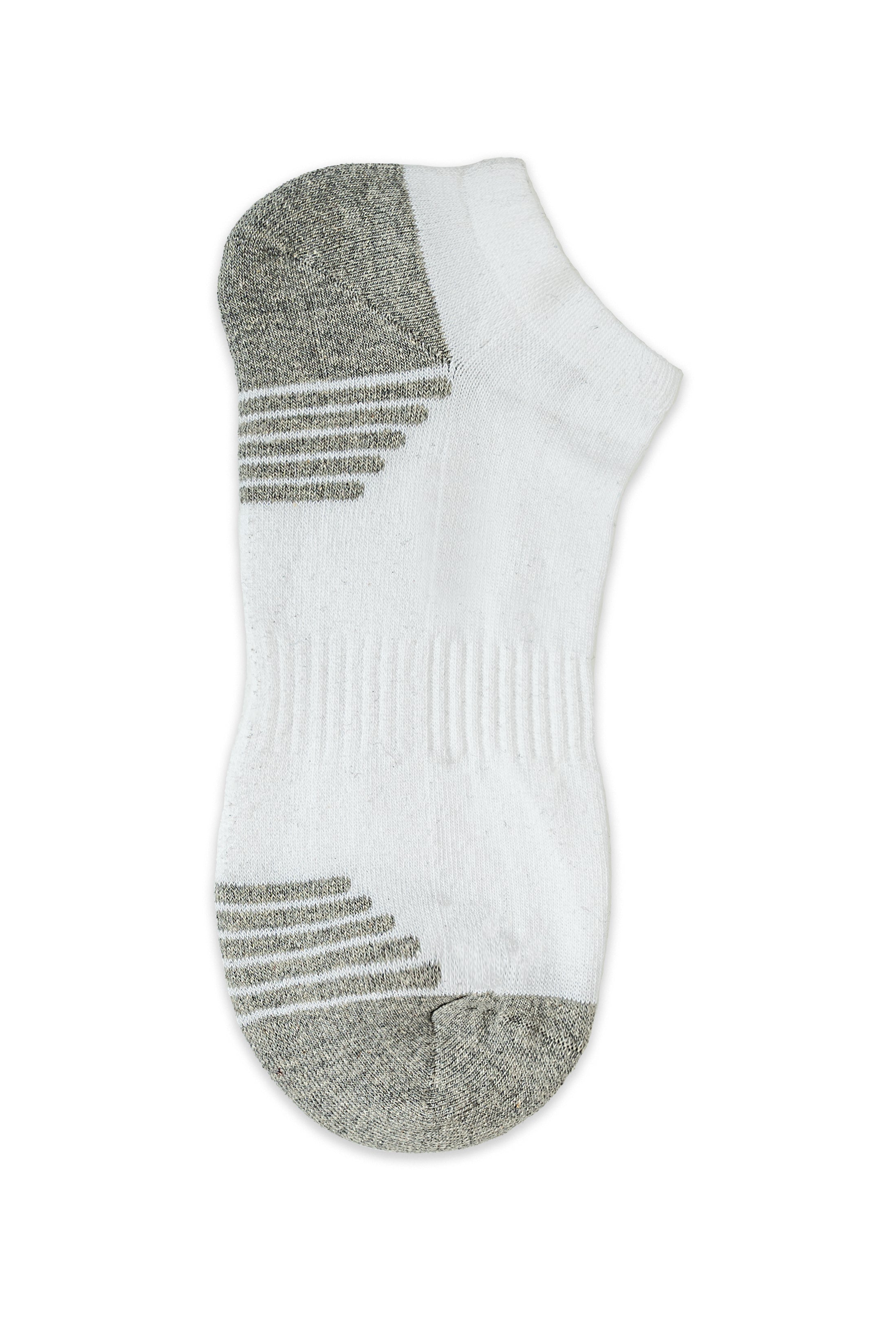 Ankle socks, white with gray toe, heel, and ribbed stripe accents