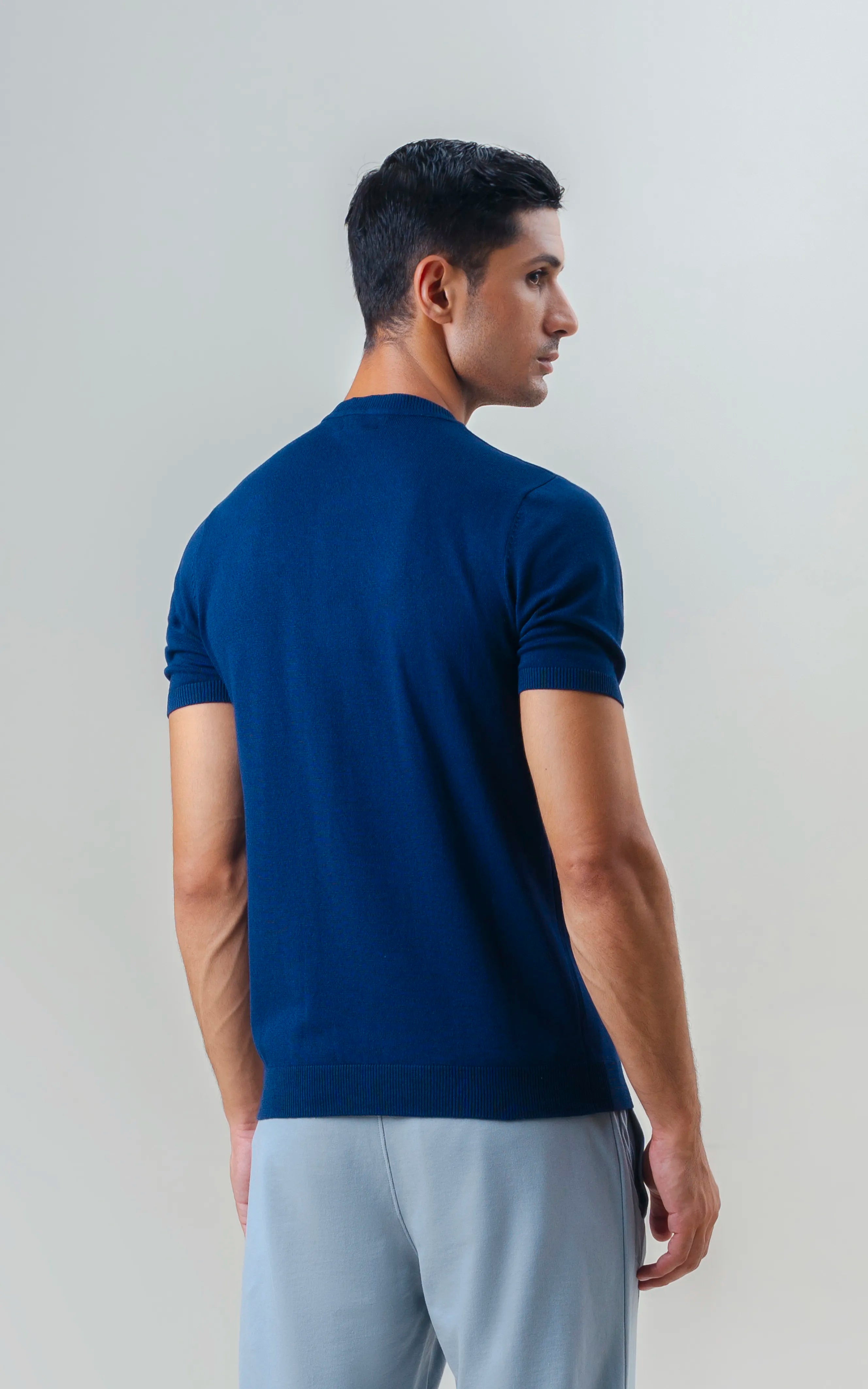 KNITTED CREW NECK T SHIRT DARK BLUE