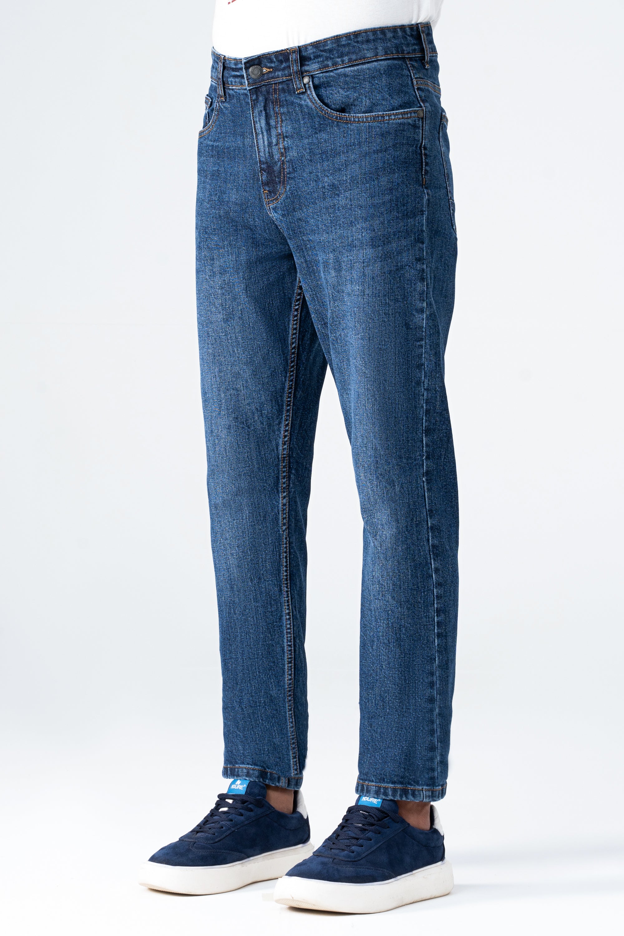 Mid blue straight-leg denim jeans with belt loops, zip fly, five-pocket design.