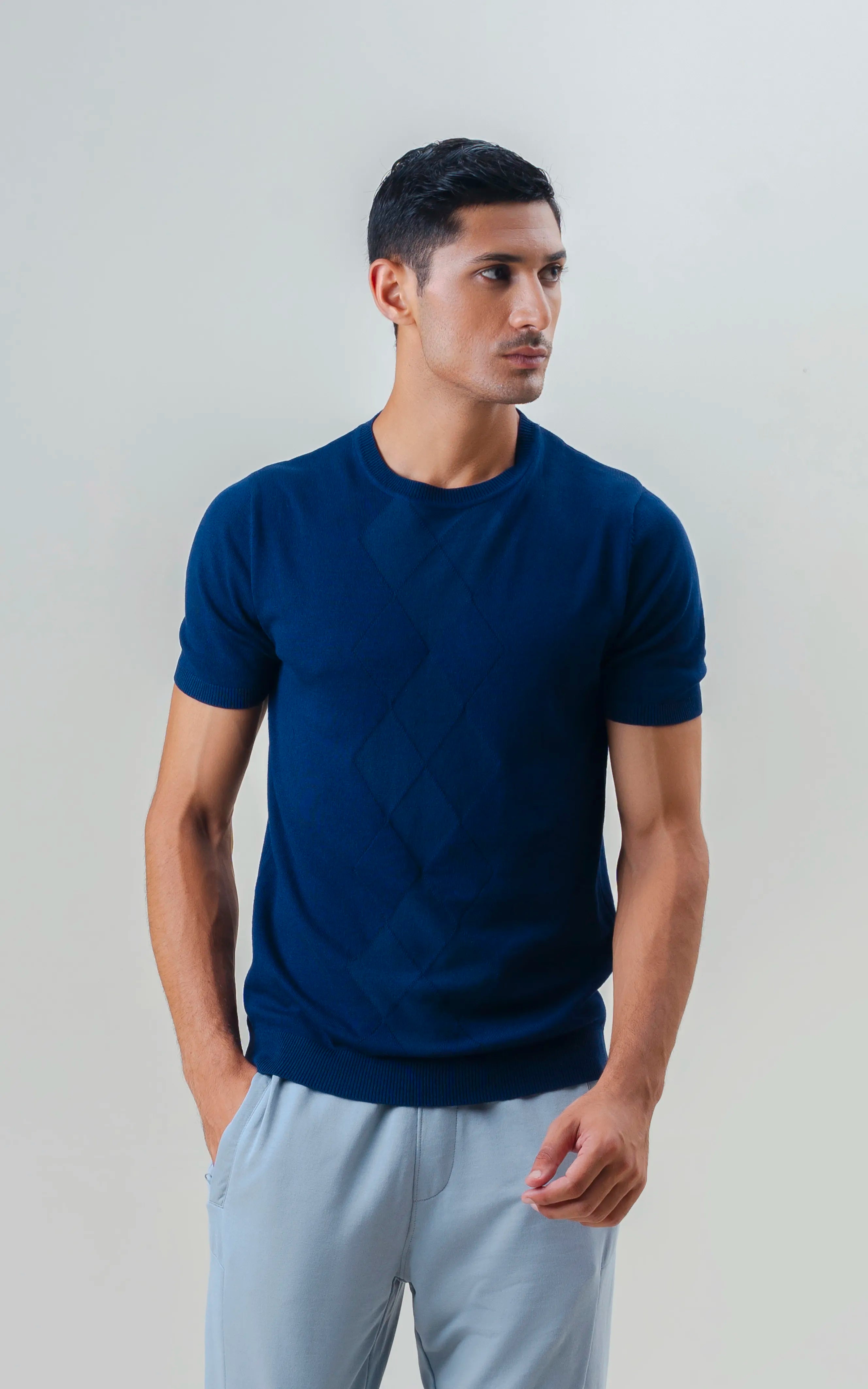KNITTED CREW NECK T SHIRT DARK BLUE