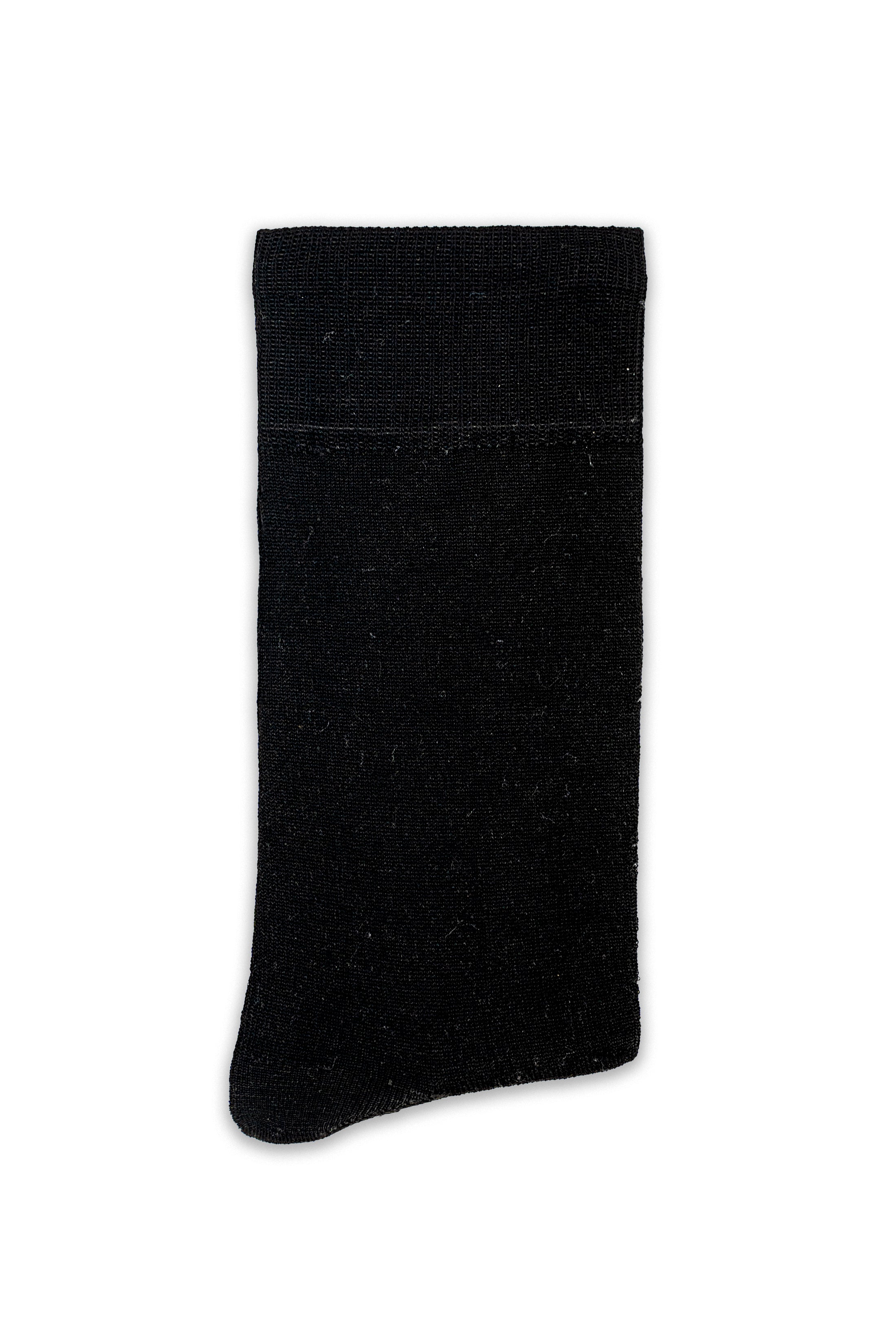 Black formal dress sock shown flat, ribbed cuff and rounded toe