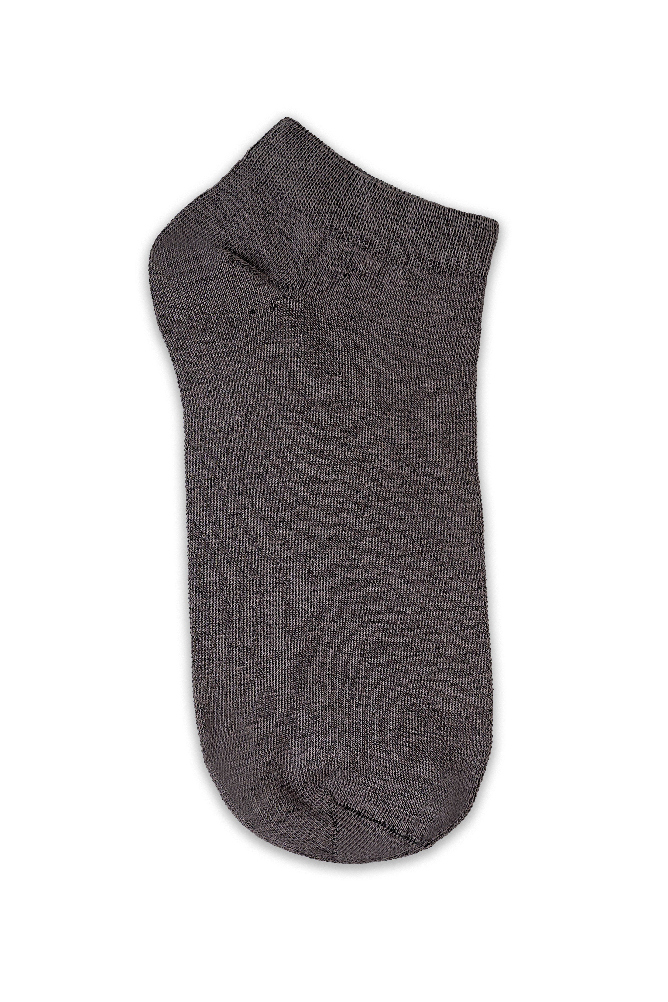 Dark charcoal ankle sock, low-cut style with ribbed cuff and solid knit texture