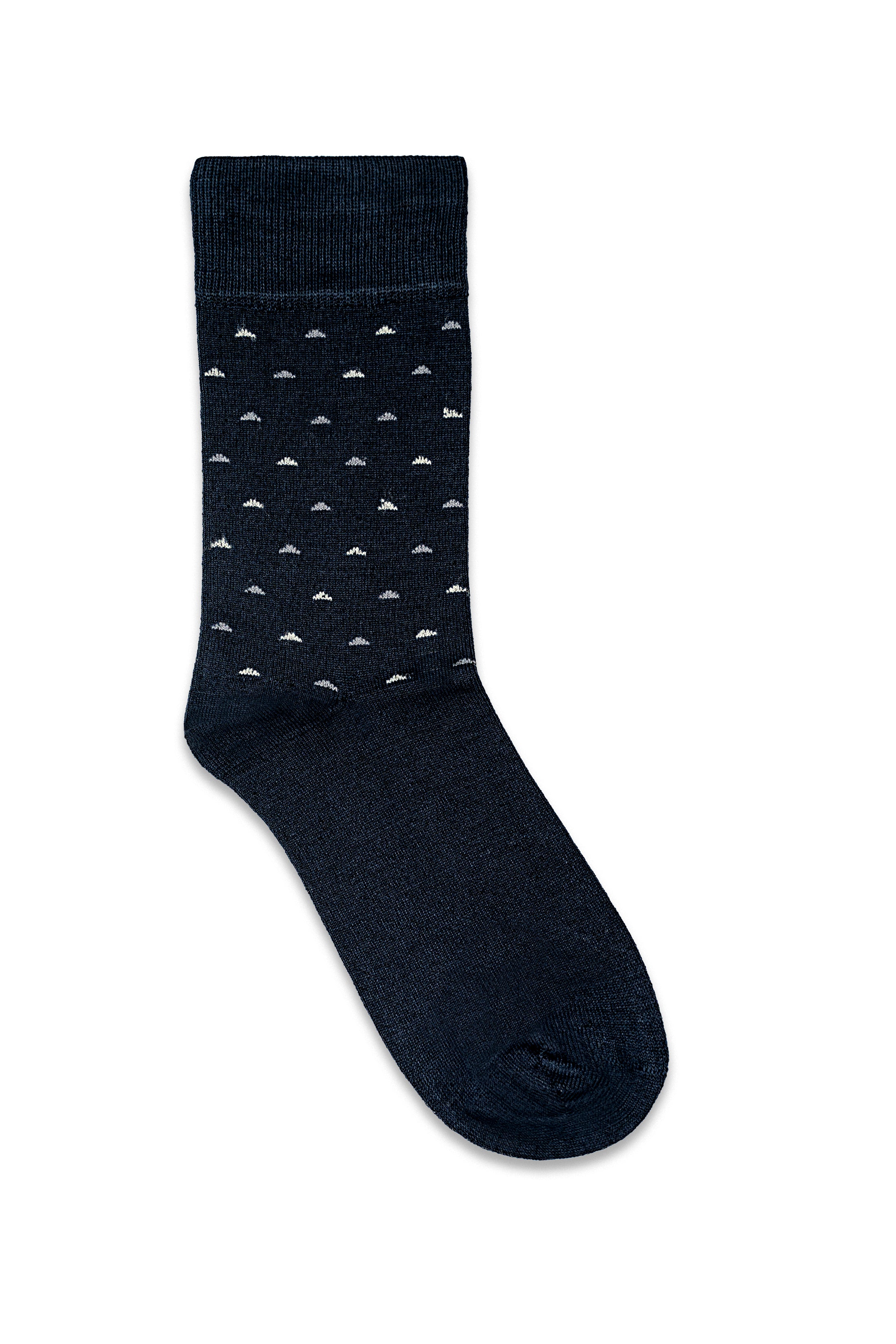 Dark navy formal sock with small white sailboat pattern, ribbed cuff