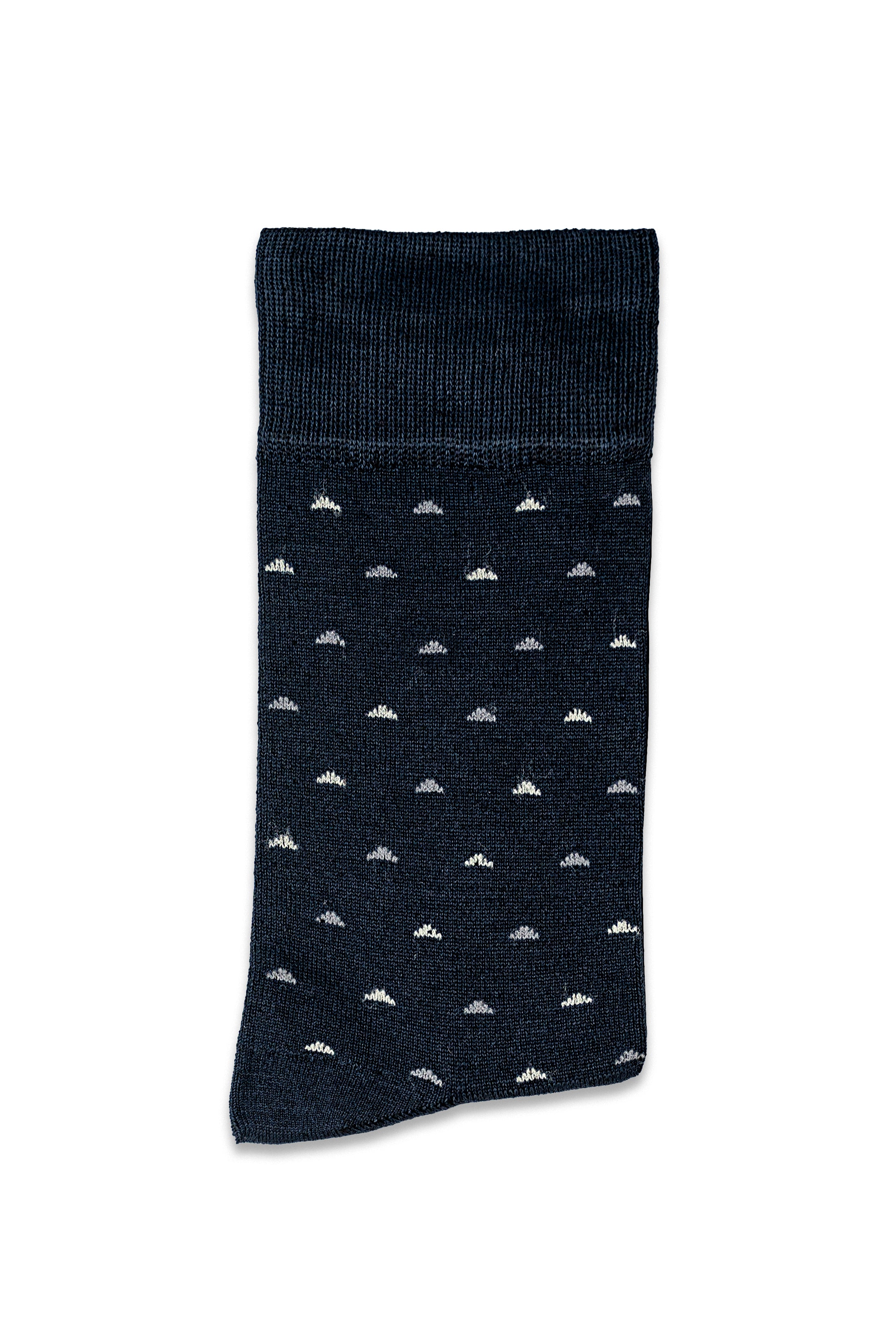 Dark navy formal sock with repeating white sailboat pattern and ribbed cuff