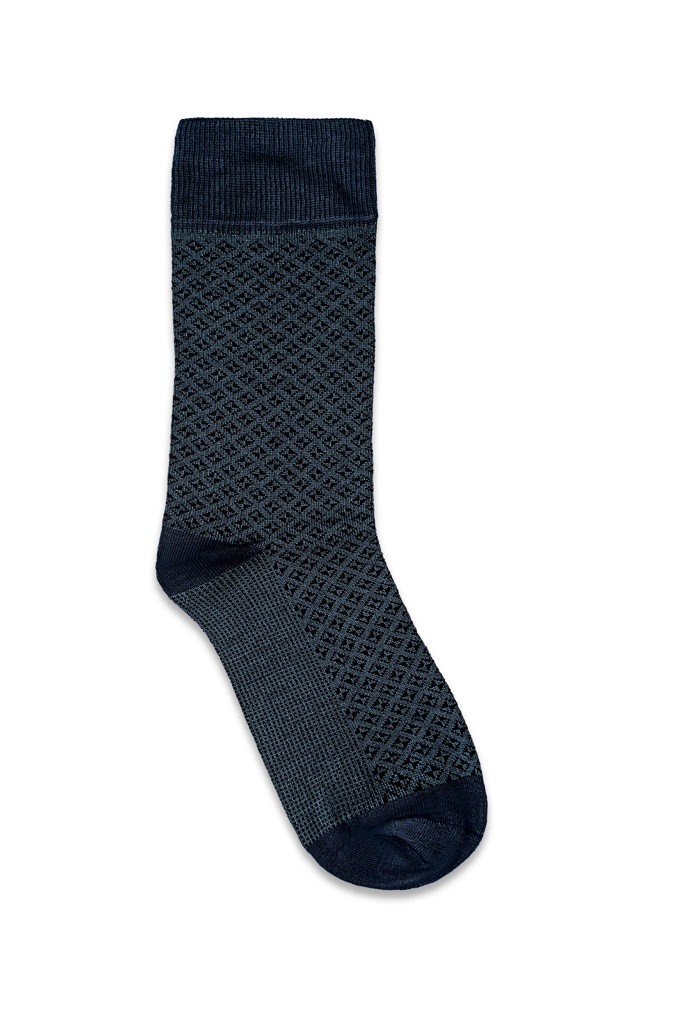 Formal sock in dark blue with textured diamond pattern and ribbed cuff