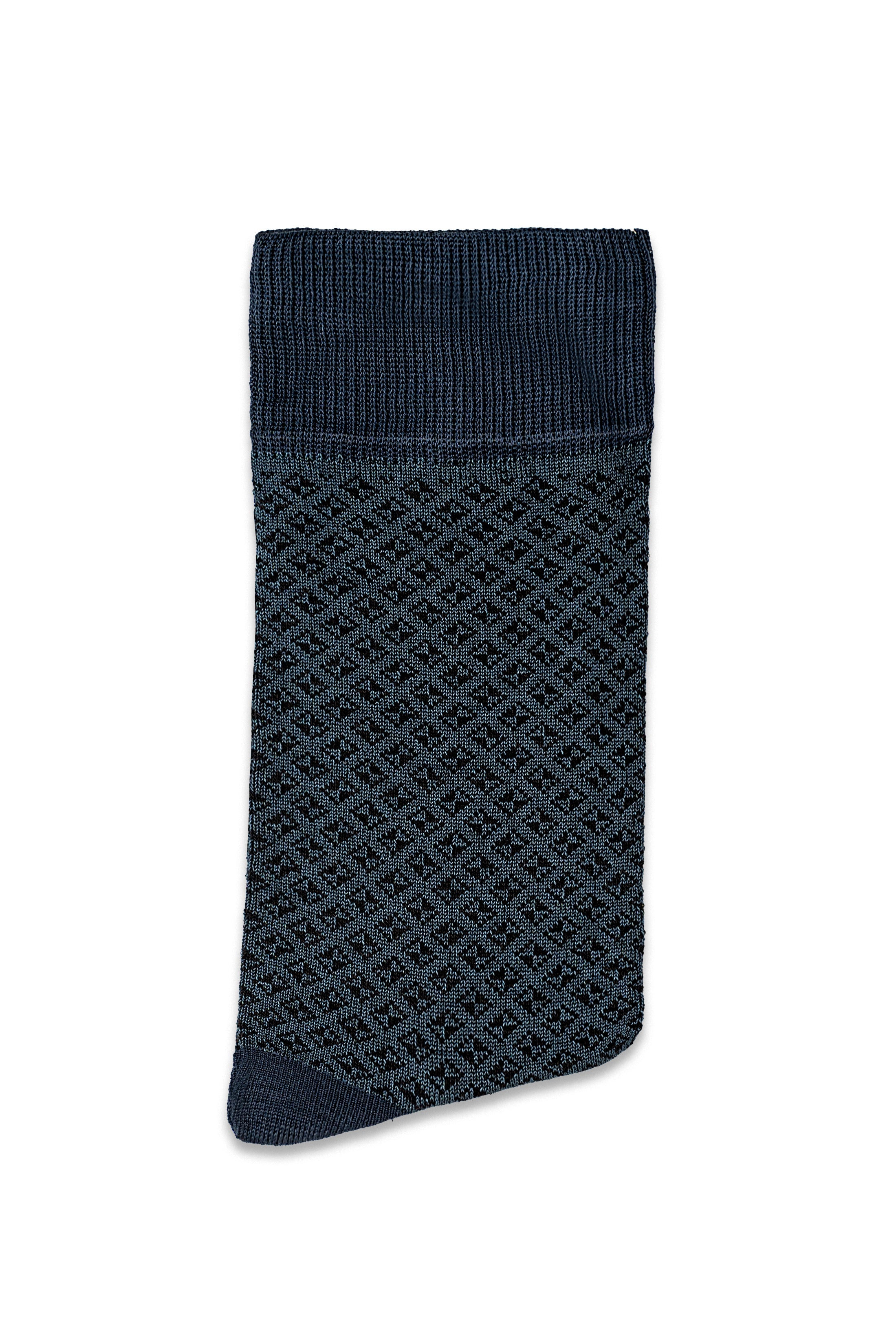 Formal sock in dark blue knit with diamond pattern and ribbed top cuff