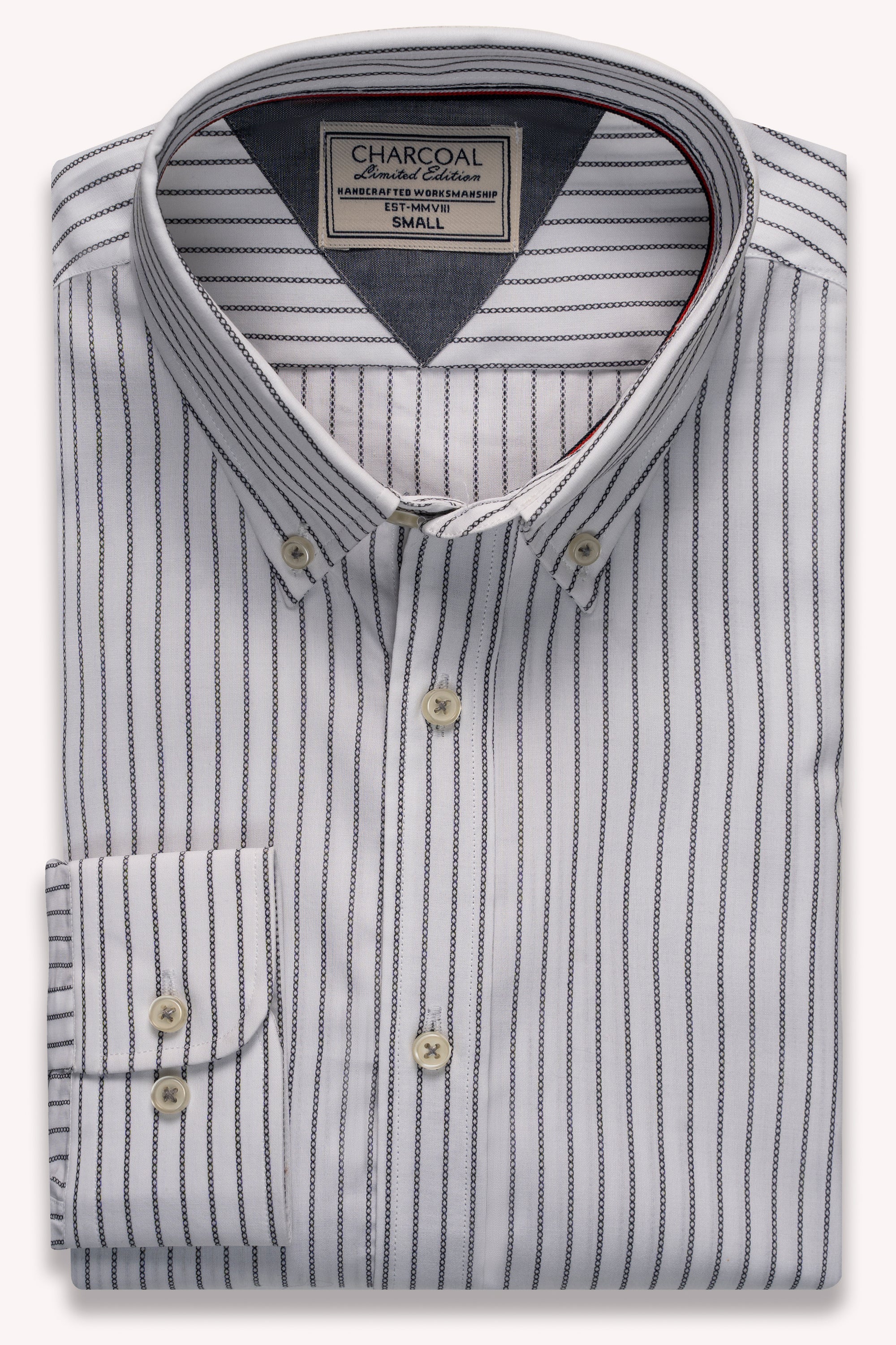 Striped dress shirt with button-down collar, light base and dark vertical pinstripes