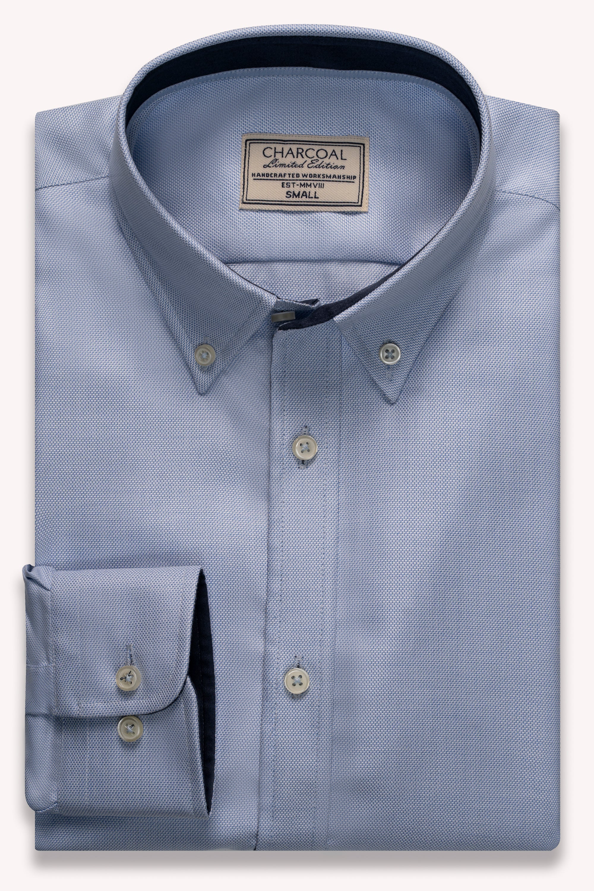 Sky blue dress shirt with buttoned collar and chest patch pocket