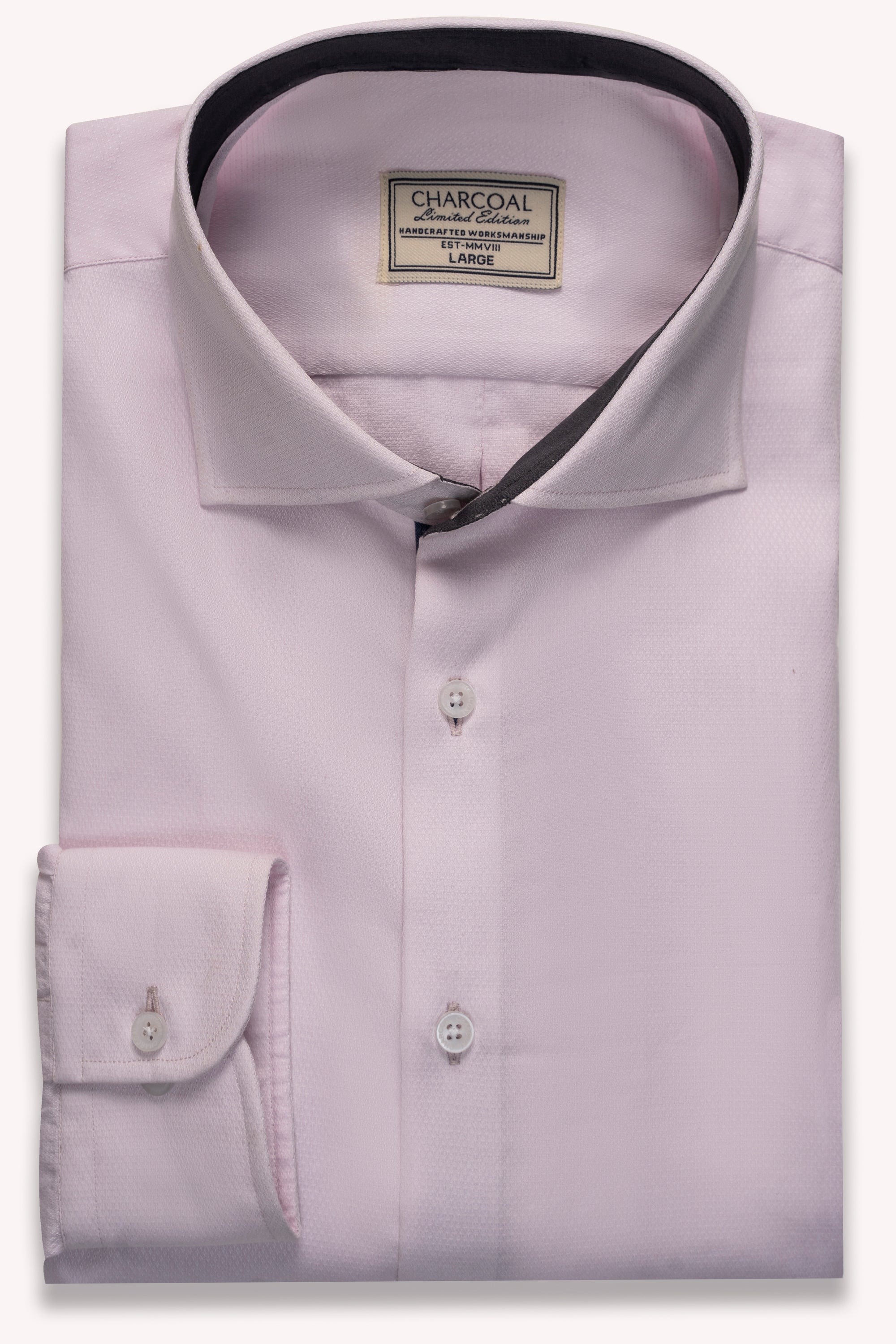 Light pink button-up shirt with cuff, collar label, and front button placket