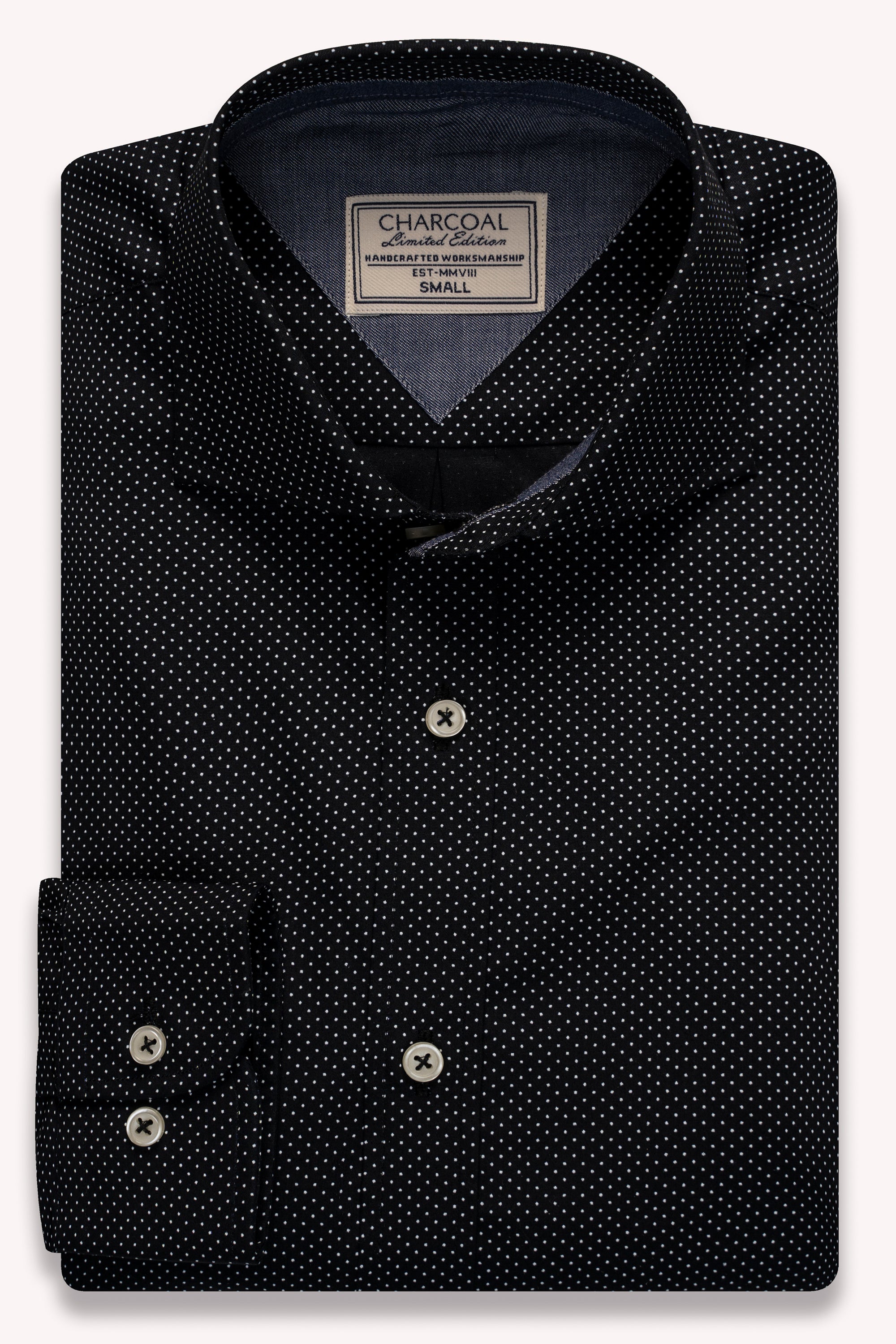 Limited edition black dress shirt with small white dot pattern, button front and collar