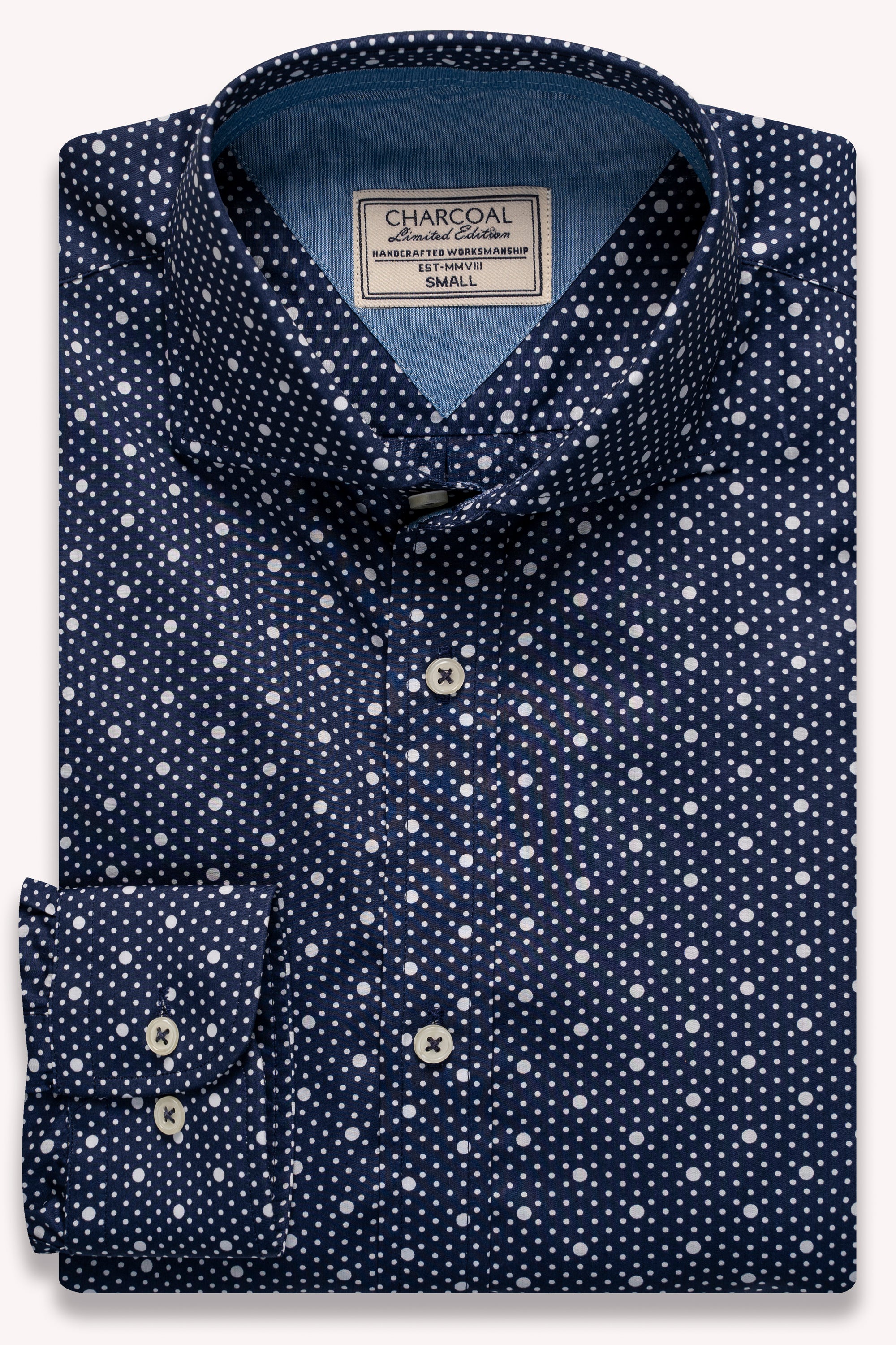 Navy polka-dot dress shirt with button-down collar and front placket