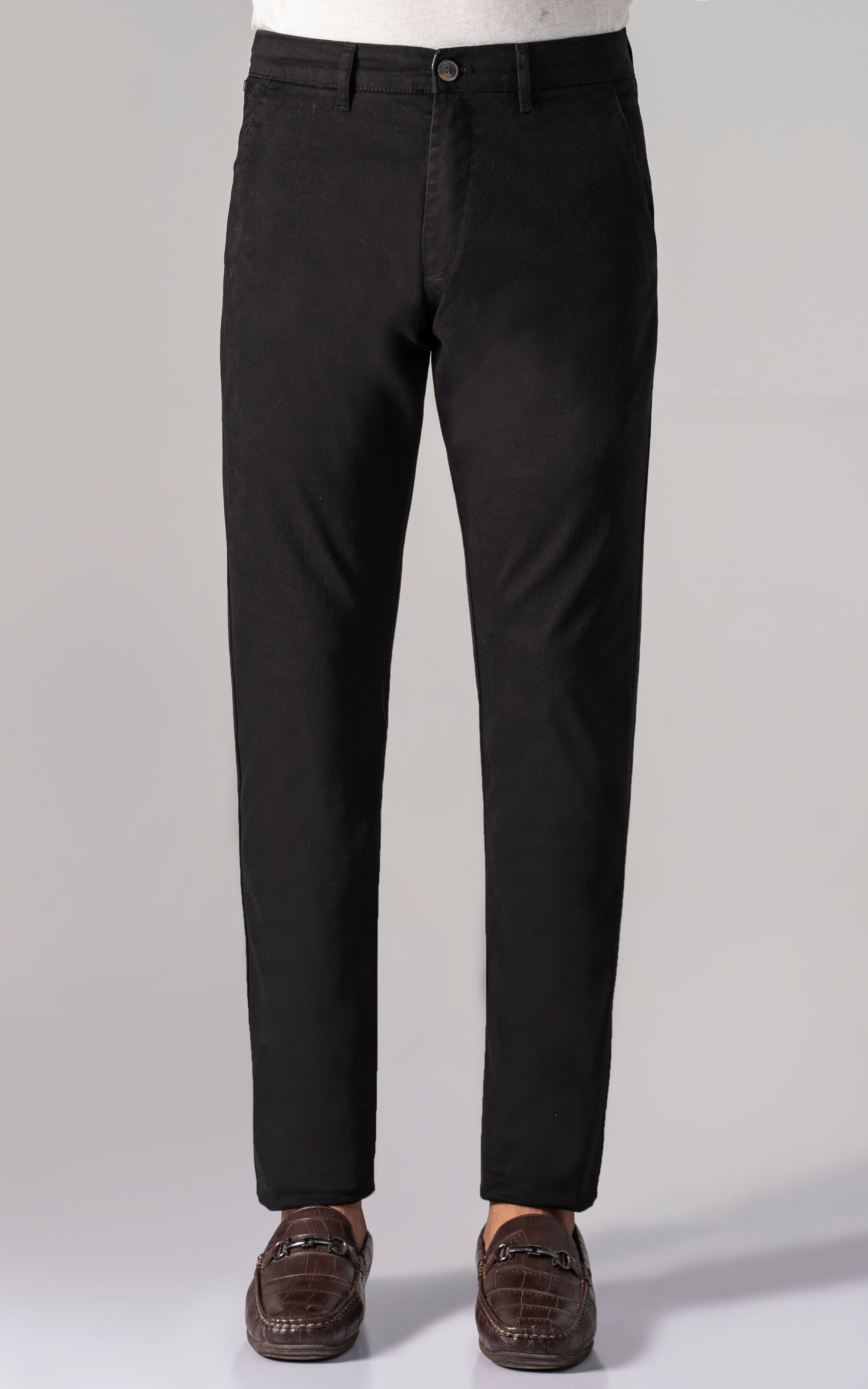 Black casual pants with cross pocket, button waist, straight leg