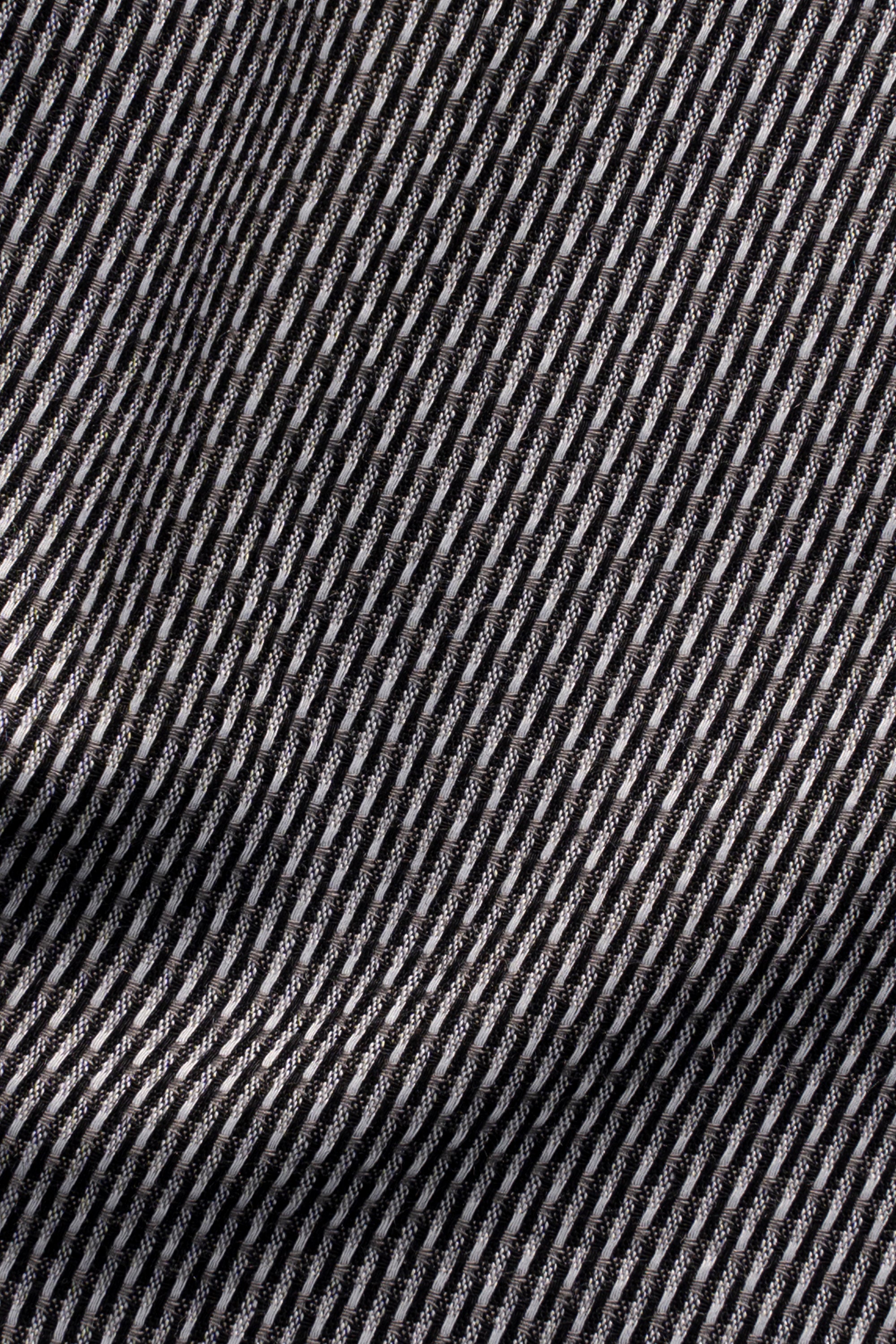Self-textured dress shirt fabric with narrow dark-and-grey vertical stripes