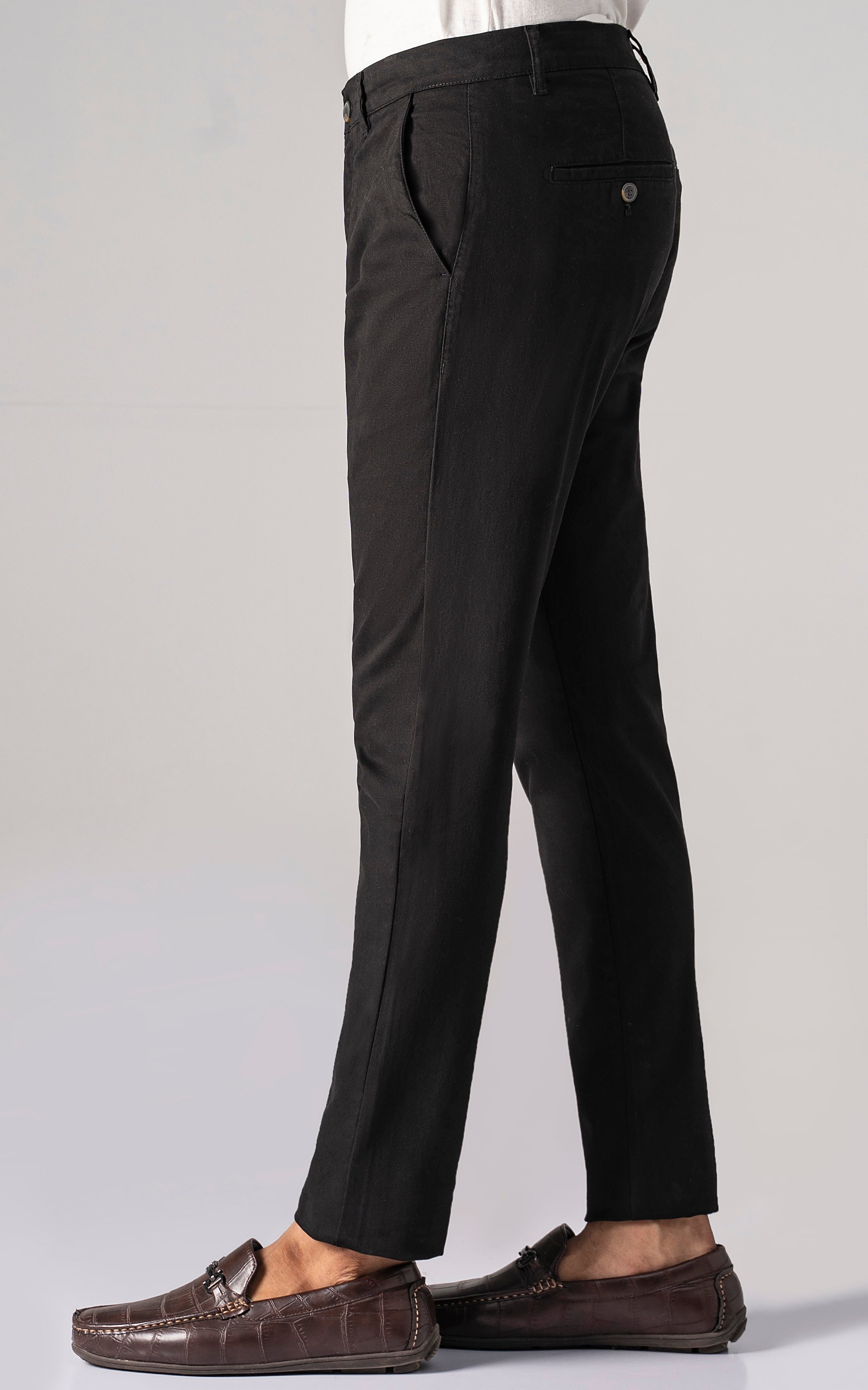 Black casual pants, button fly, diagonal cross pockets, straight leg