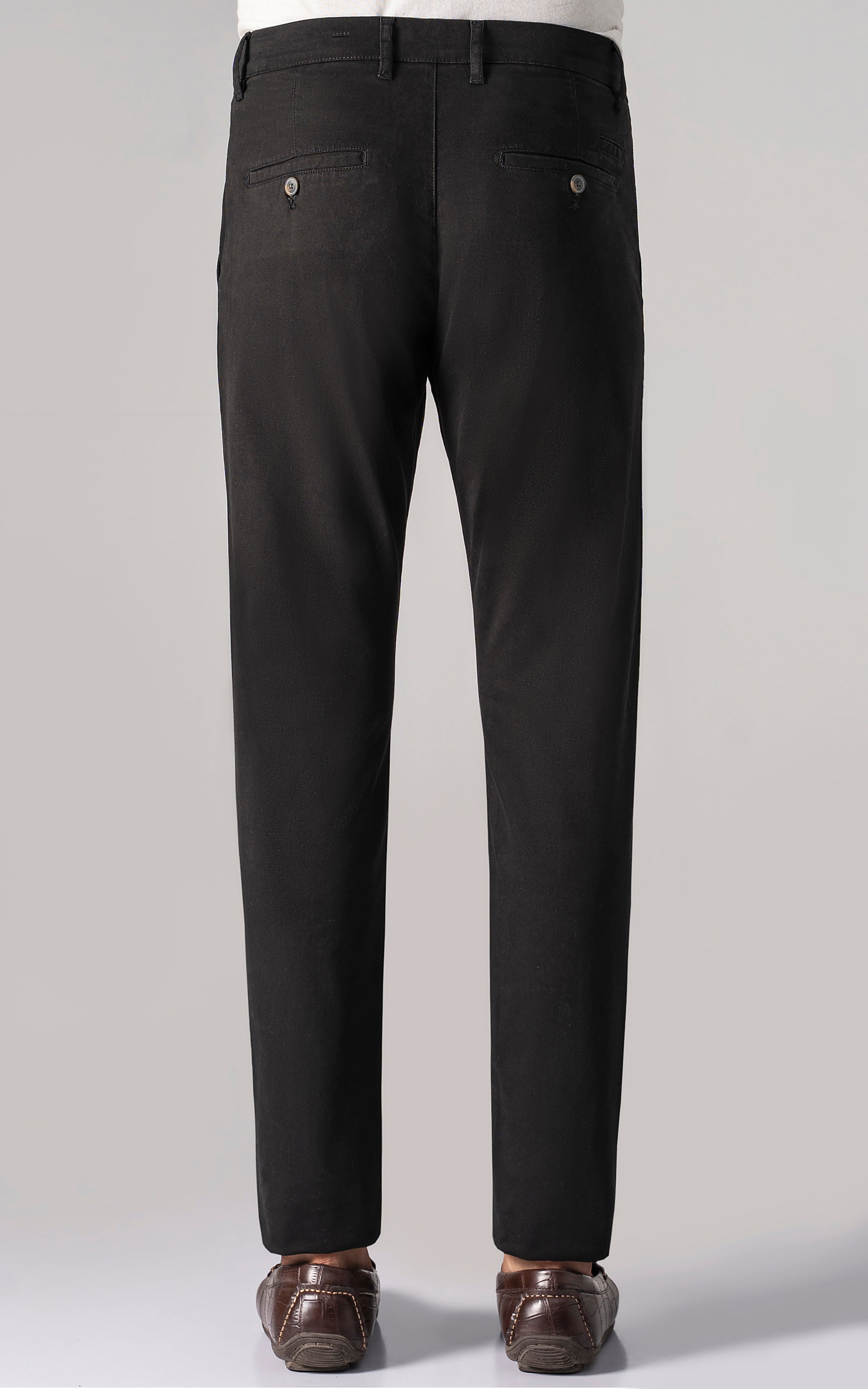 Black casual pants with back darts, button waist, straight leg