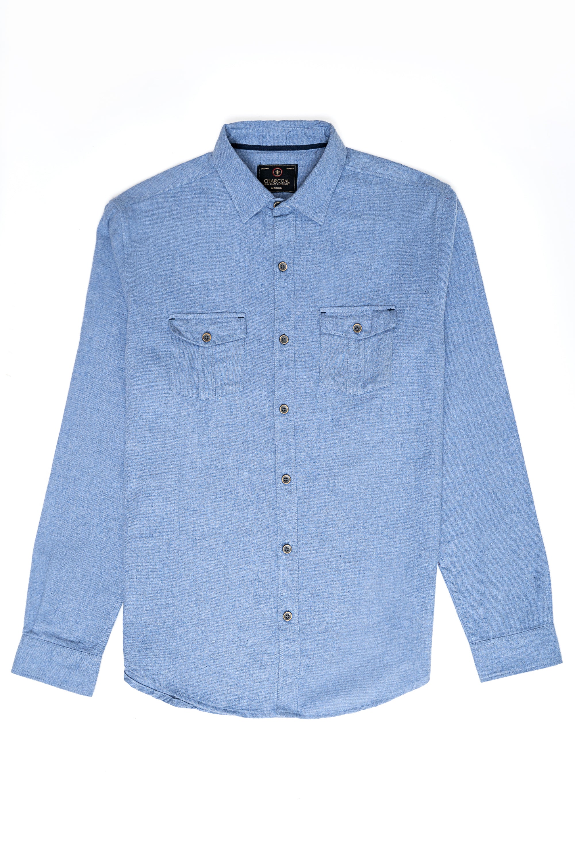 Sky blue casual button-up shirt with two chest pockets and long sleeves