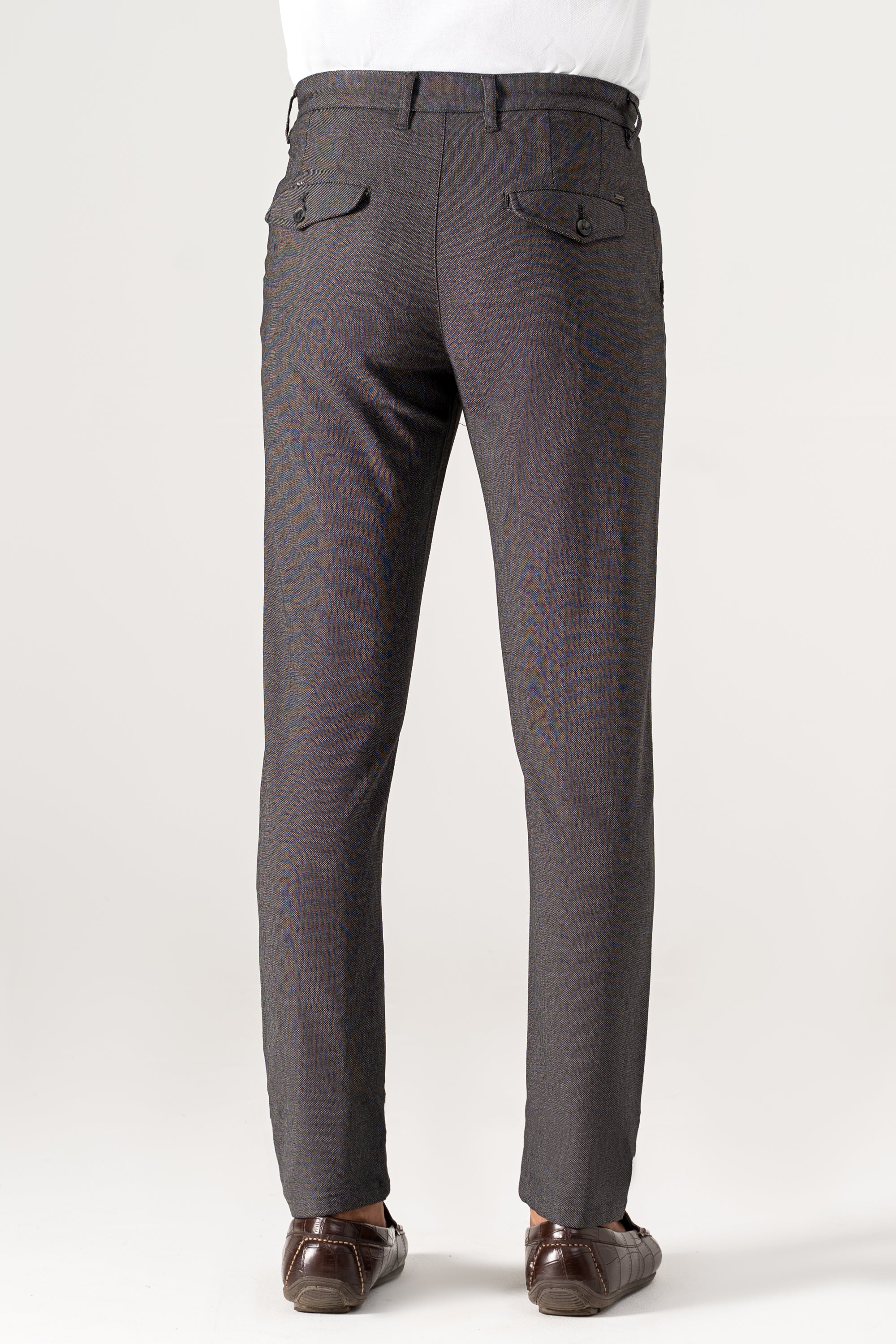 Charcoal textured pants with side flap pockets and cuffed hems