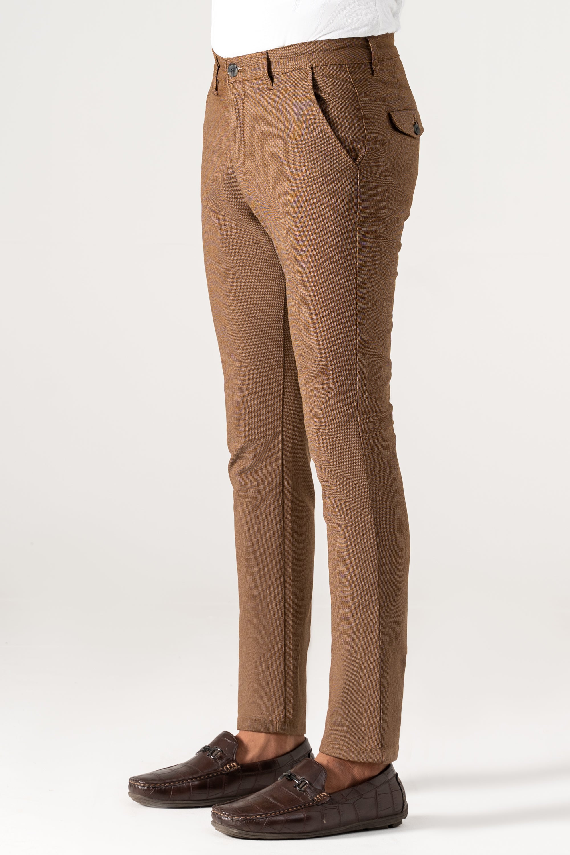 Brown textured pants with side cross pocket and straight tapered leg