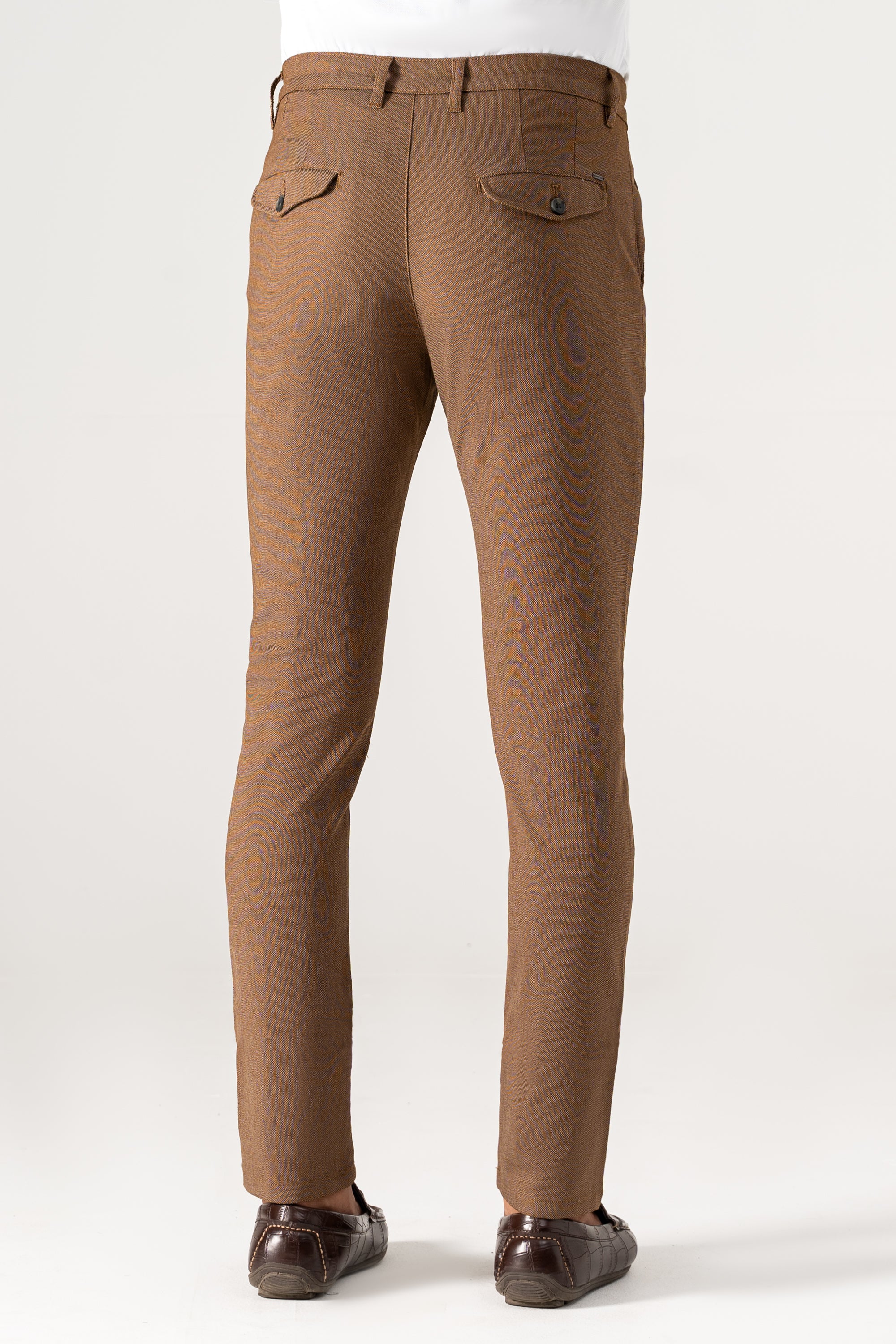 Brown textured straight-leg pants back view with belt loops