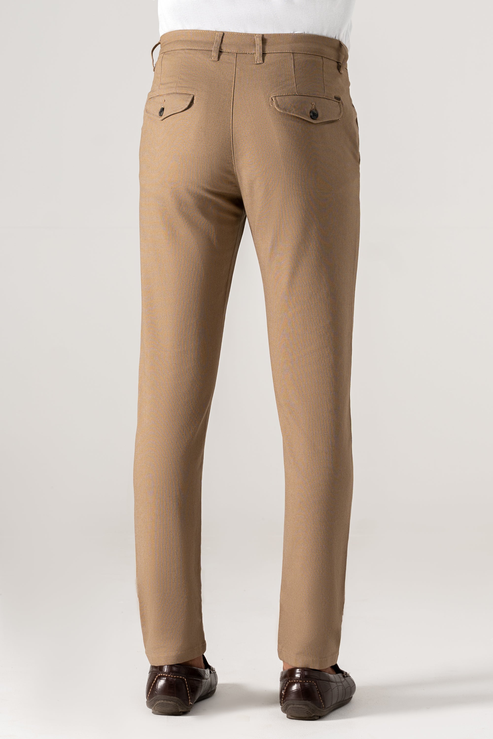 Khaki textured pants with belt loops and two back pockets
