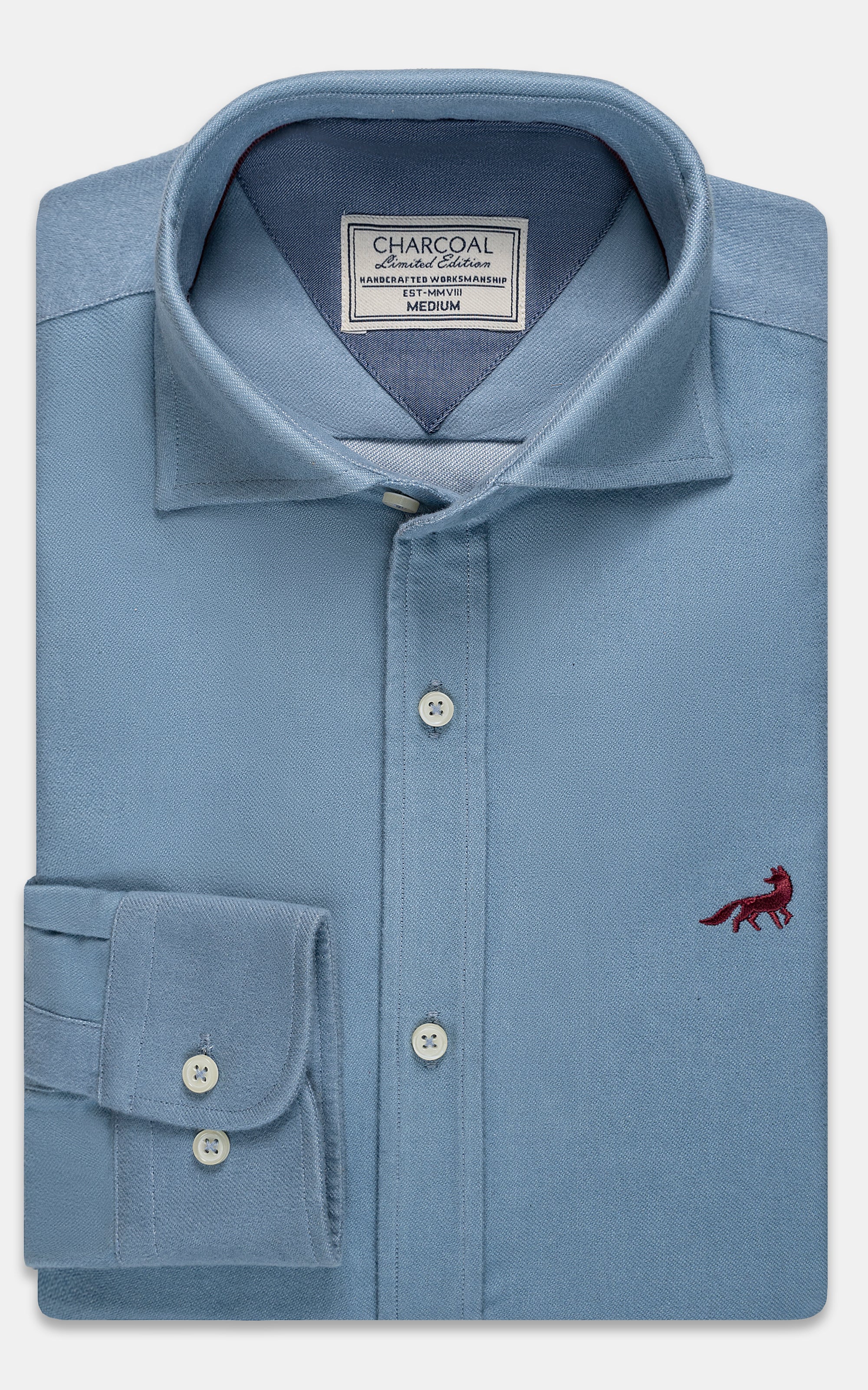 Sky blue button-up shirt with chest pocket and embroidered horse logo