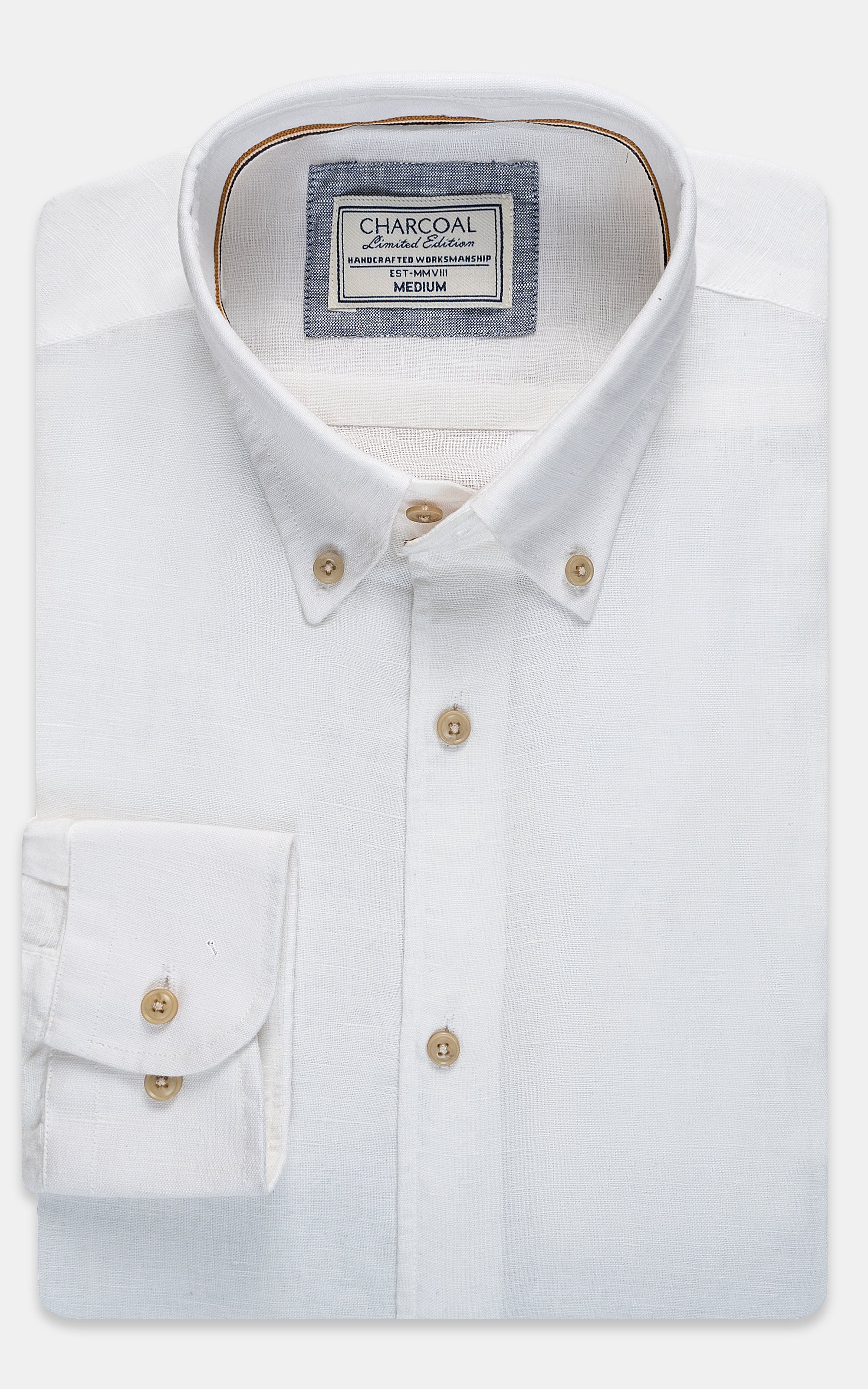 Off-white linen fabric button-up shirt with pointed collar and gold buttons