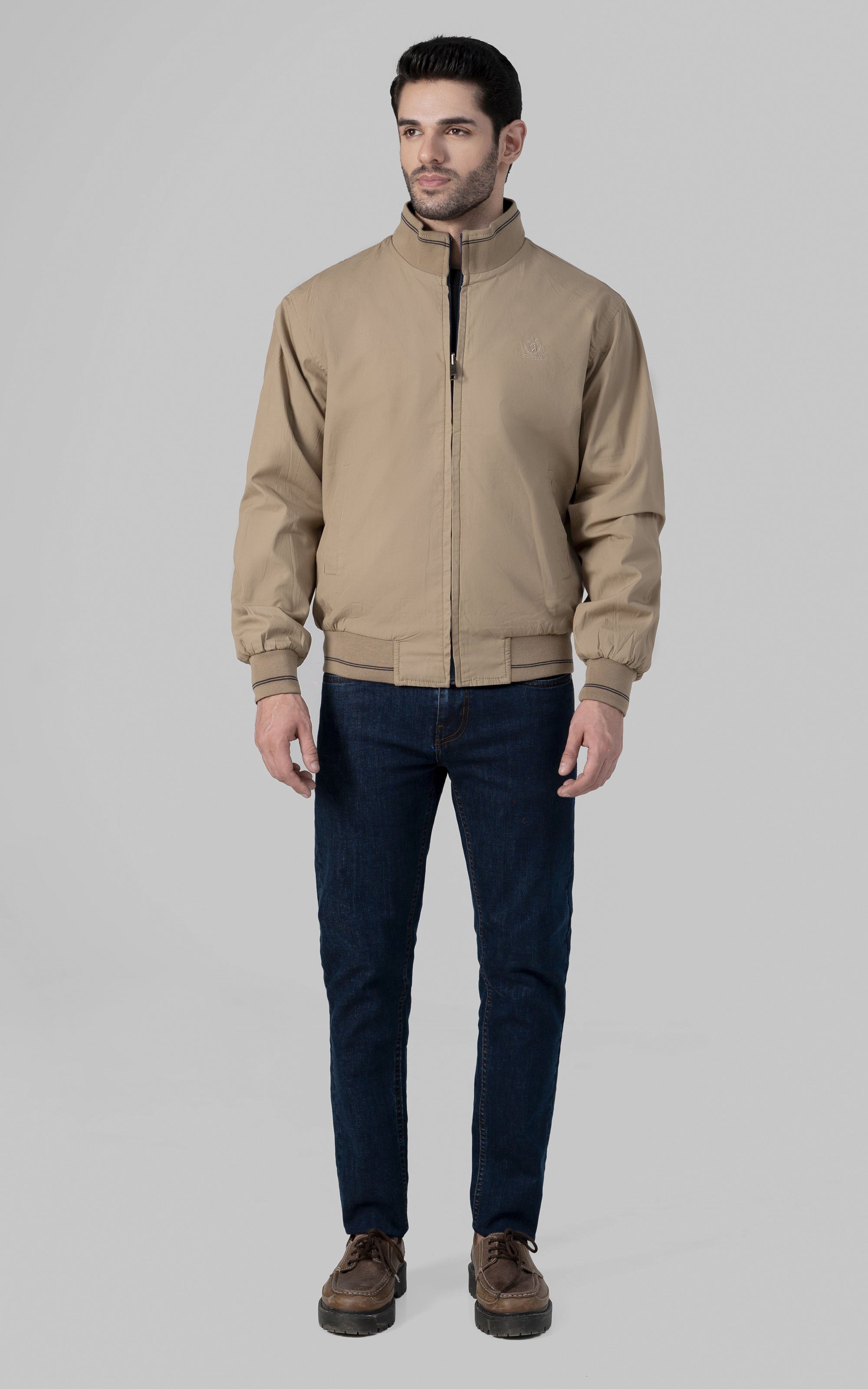 Reversible tipping jacket, khaki, full-zip front, stand collar, ribbed cuffs and hem