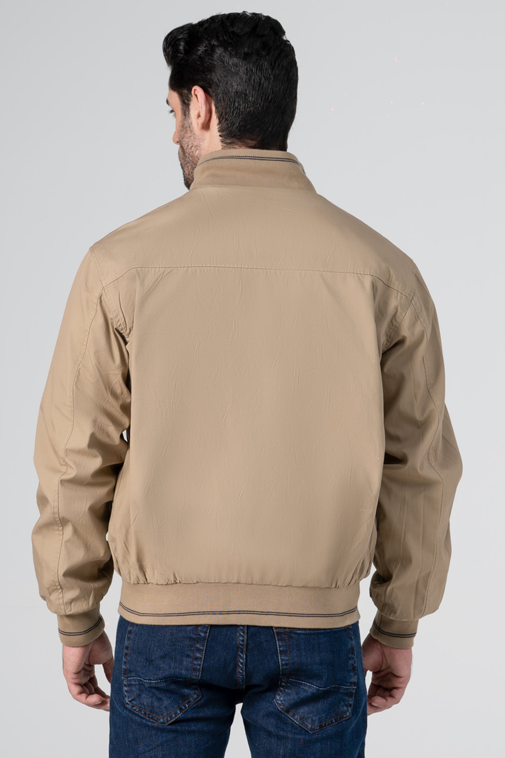 Reversible tipping jacket, khaki back view, stand collar, ribbed hem and cuffs