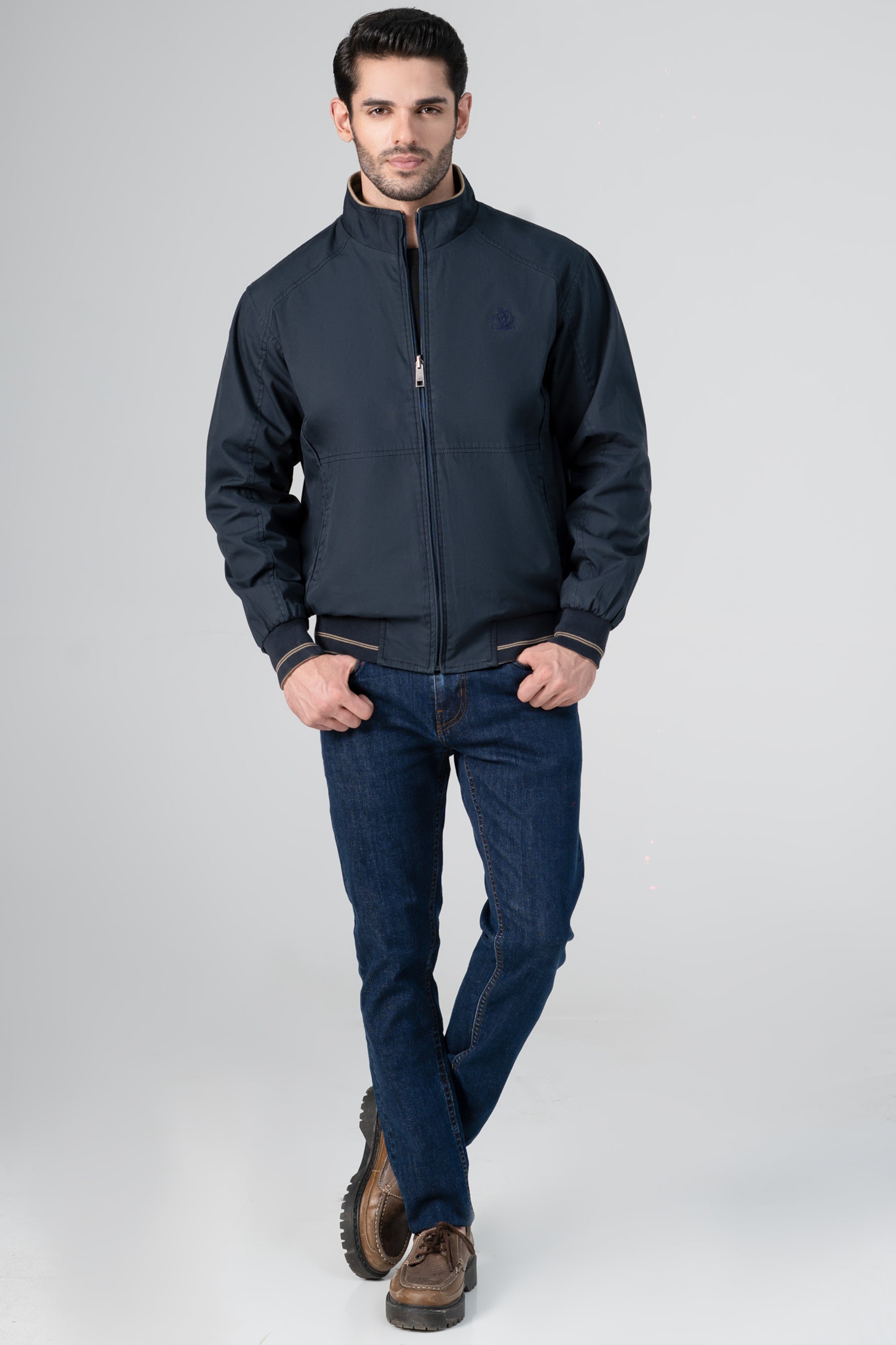 Reversible tipping jacket, navy front view, full-zip front, stand collar, ribbed cuffs and hem