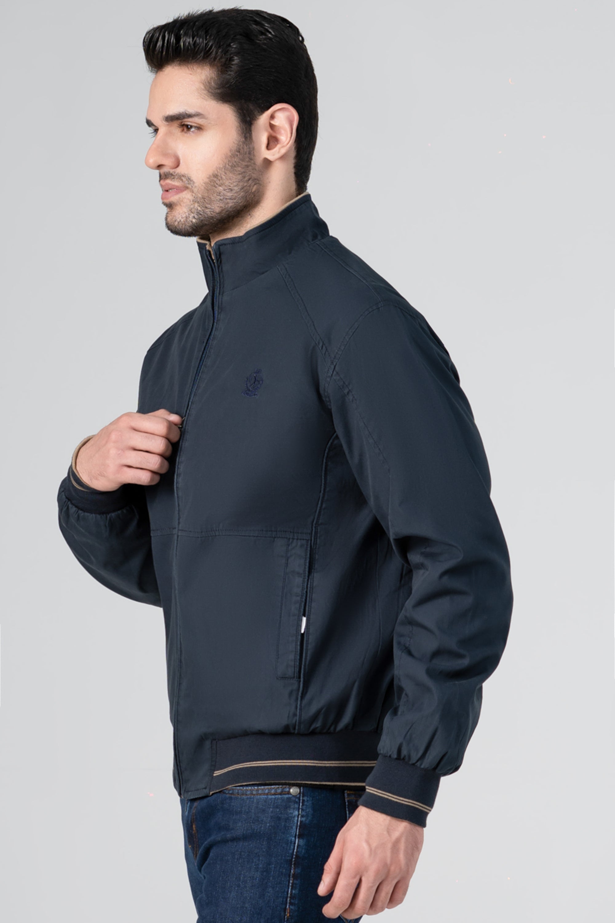 Reversible tipping jacket, navy side view, zip front, stand collar, ribbed trim at cuffs