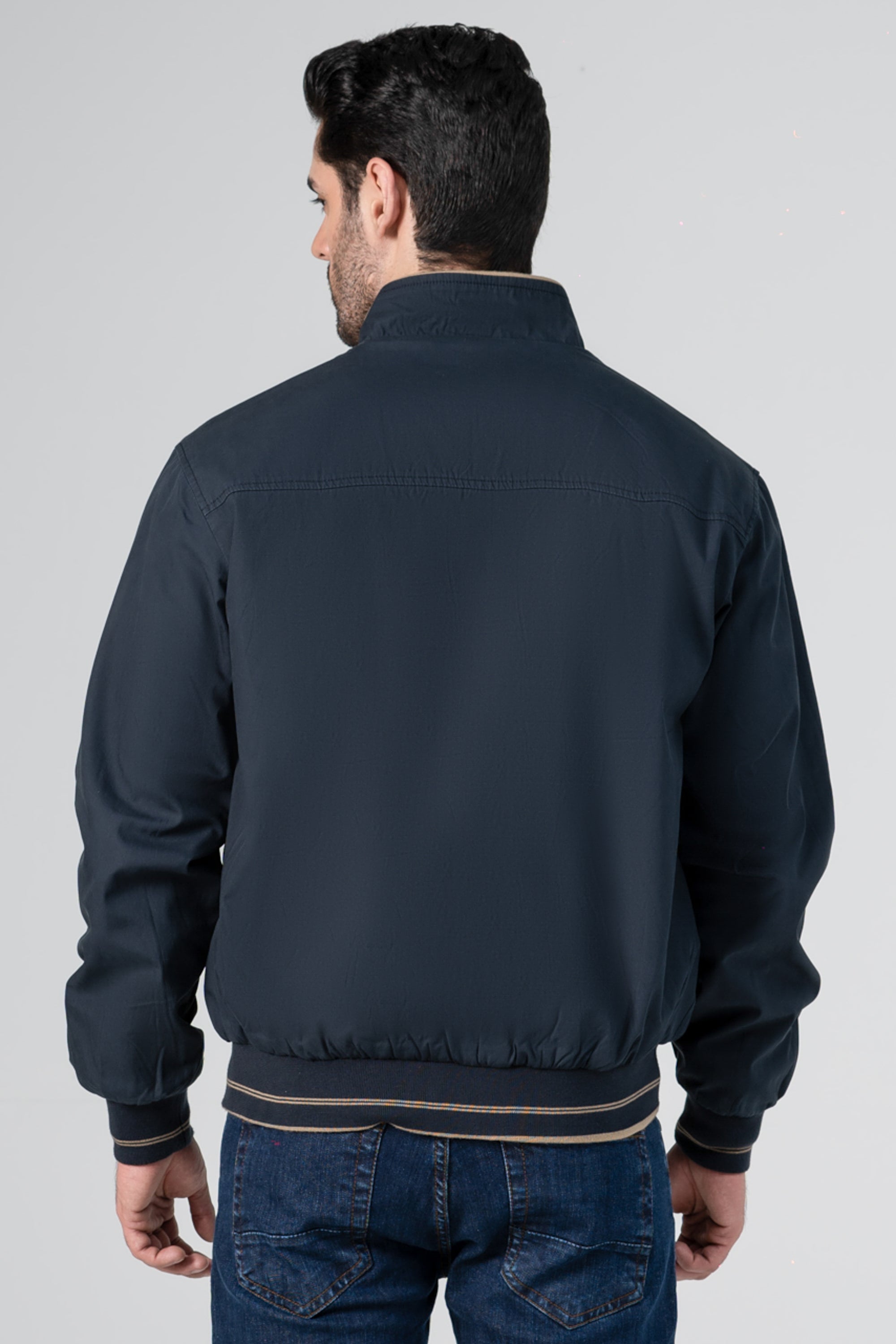 Reversible tipping jacket, navy back view, stand collar, ribbed hem and cuffs