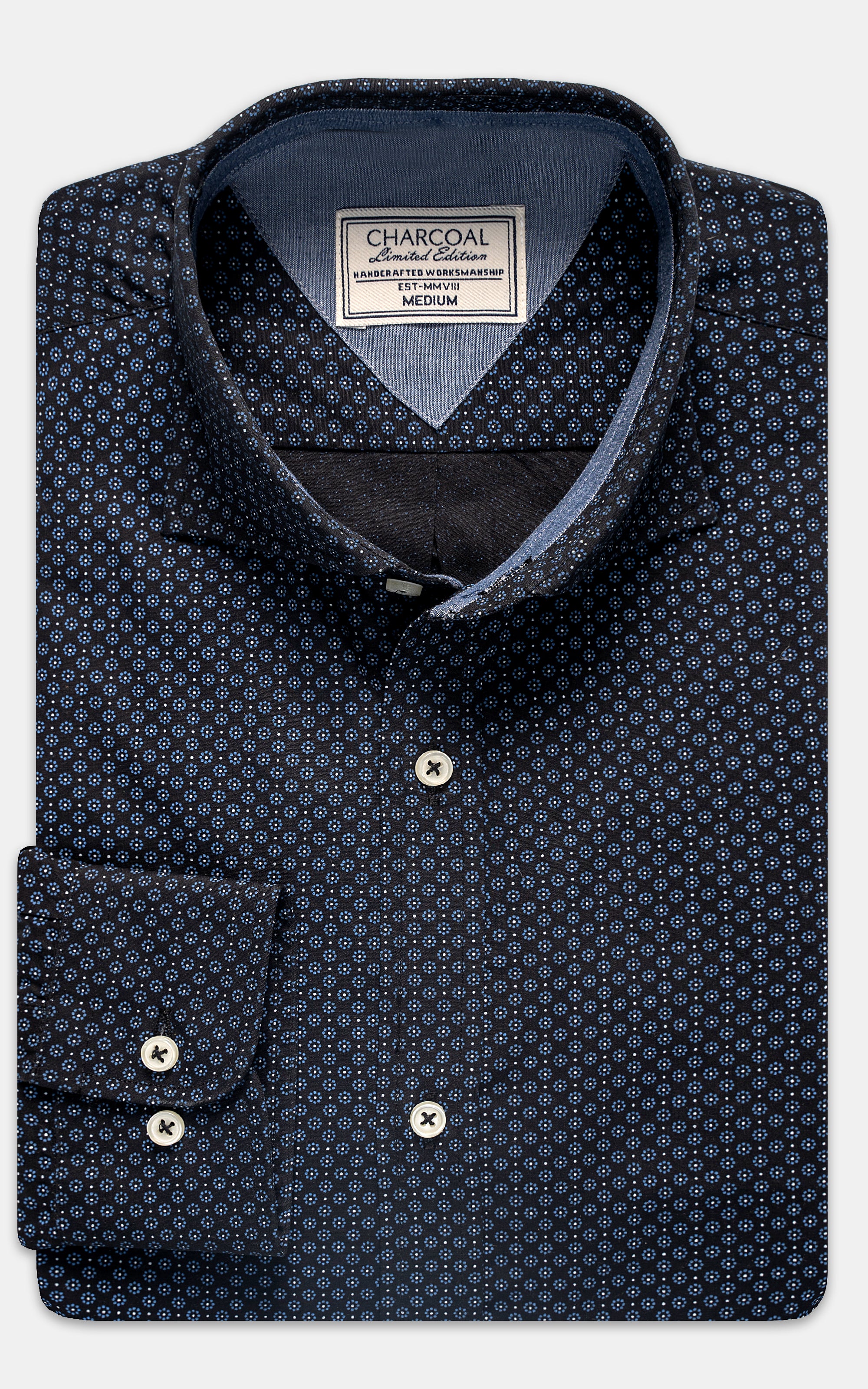 Men's dark patterned dress shirt with spread collar and button placket
