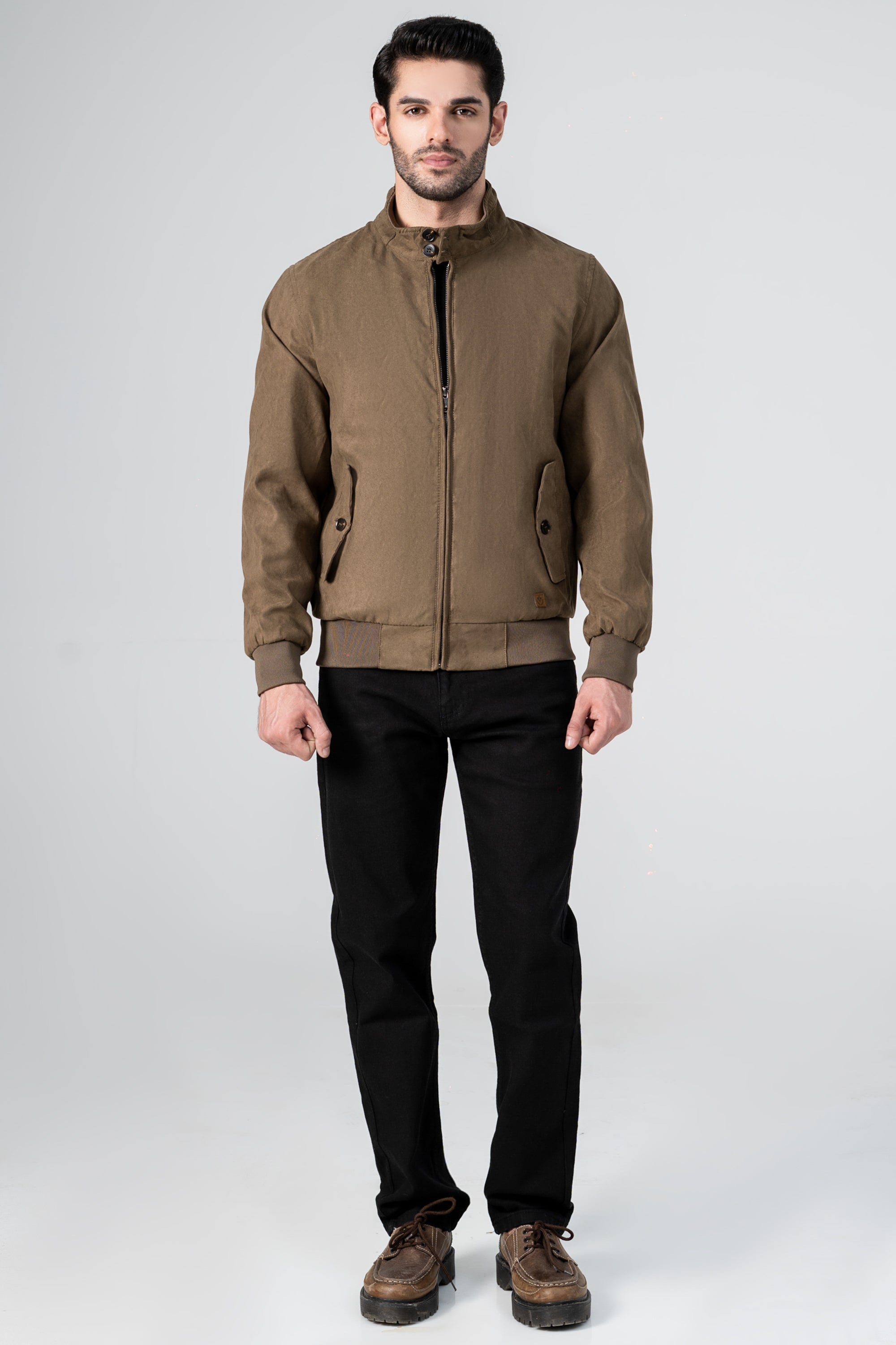 Olive suede zip-front jacket with stand collar, ribbed cuffs and front pockets