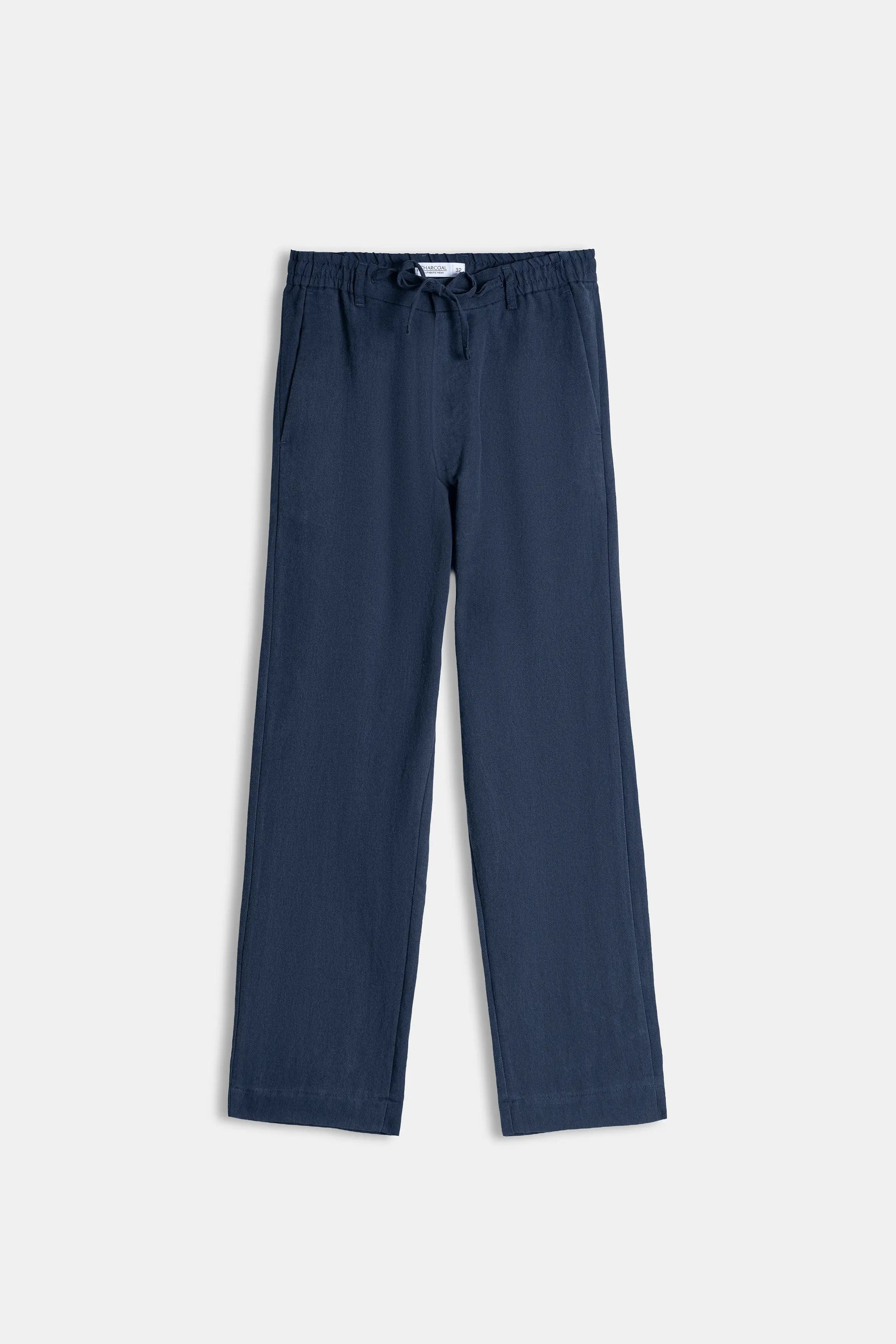 Navy straight-fit cross pocket pants with elastic drawstring waistband