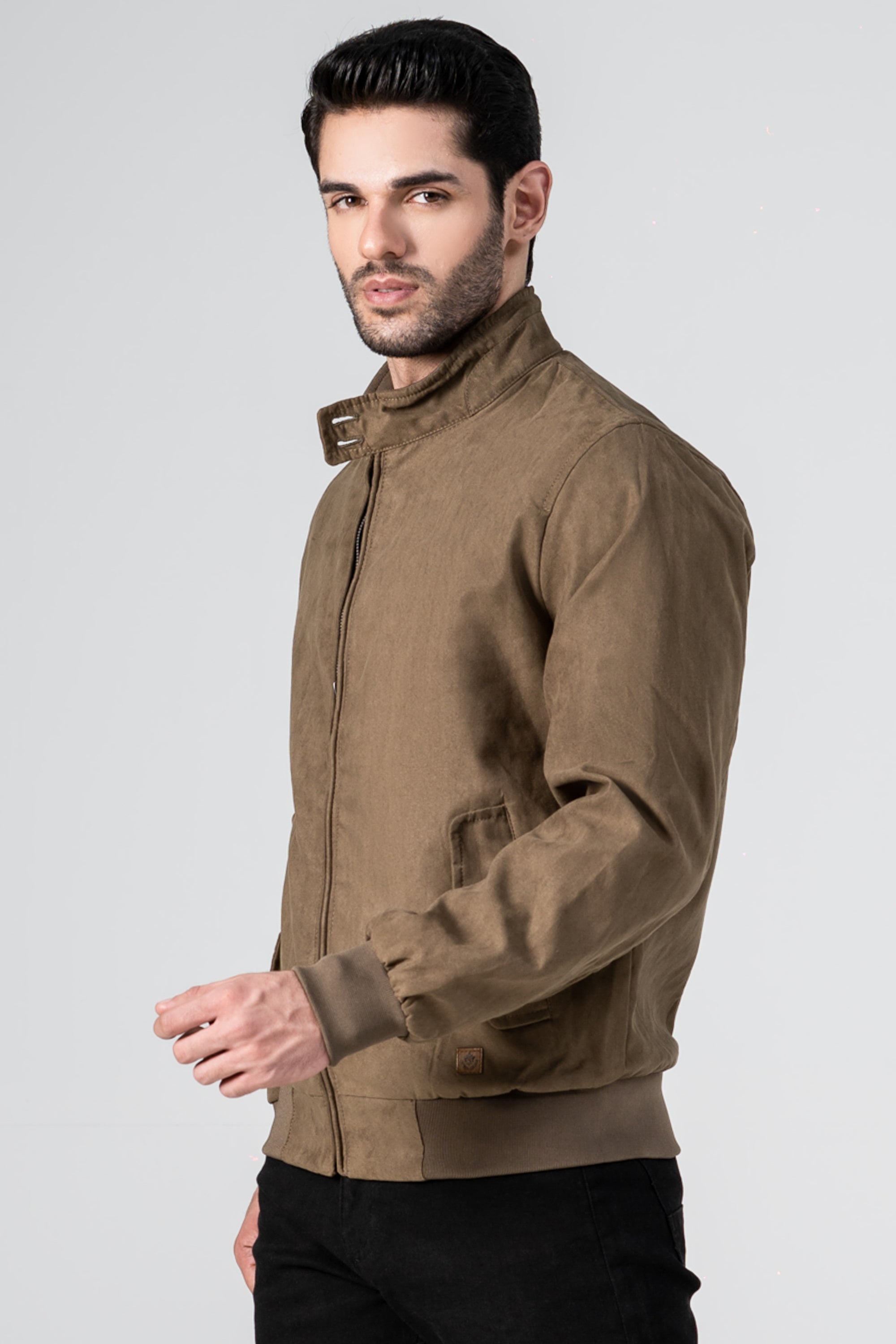 Olive suede zip-front jacket with stand collar, long sleeves, elastic rib cuffs