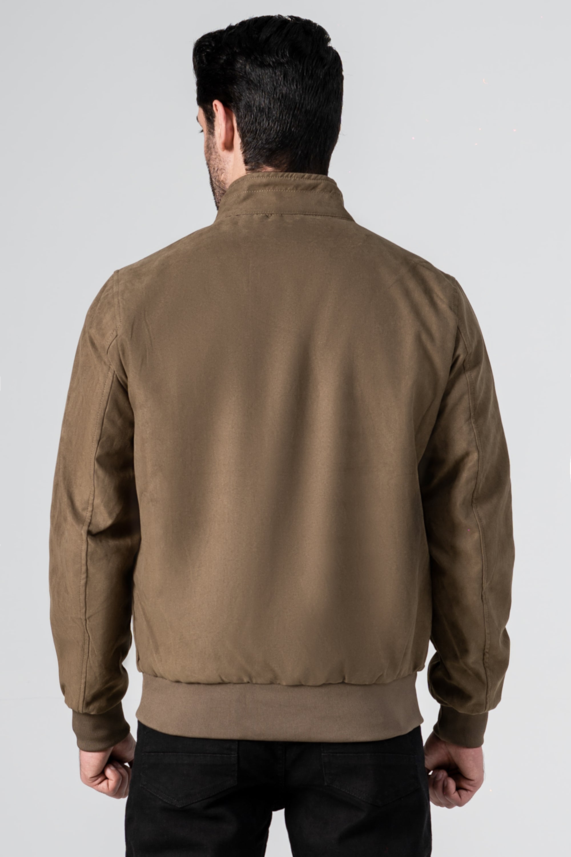Olive suede zip-front jacket, back view with stand collar and ribbed hem