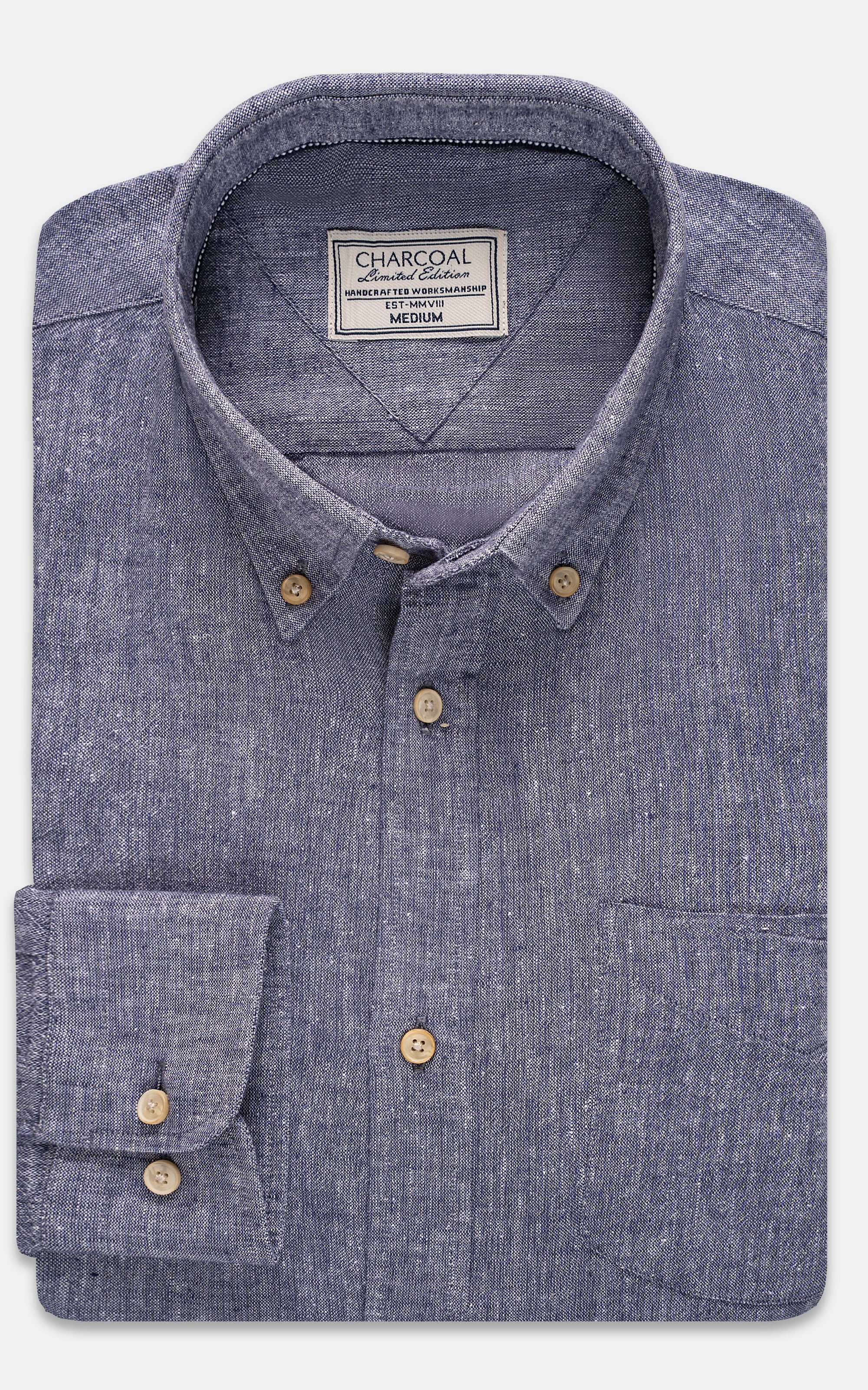 Bluish grey linen shirt with button placket, chest pocket, and long sleeves