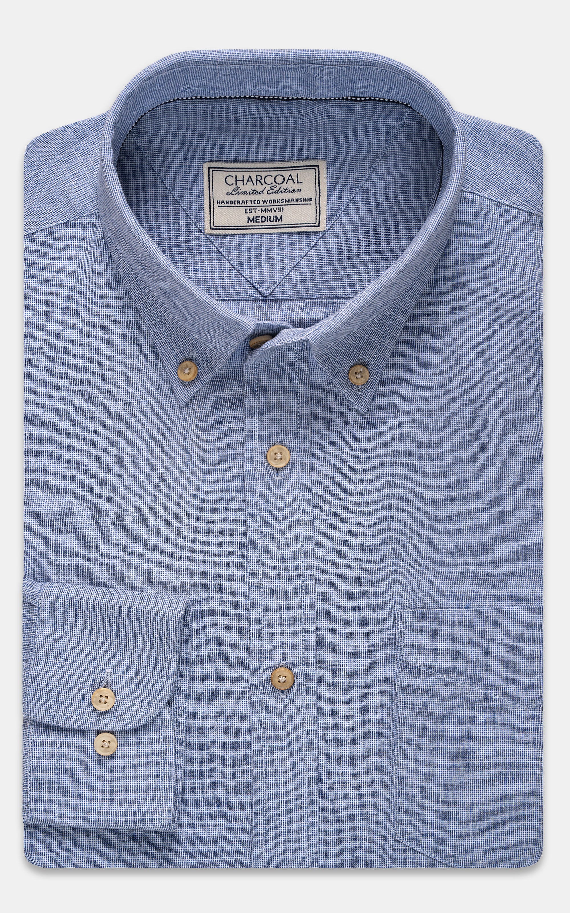 Linen chambray blue button-up shirt with spread collar and chest pocket
