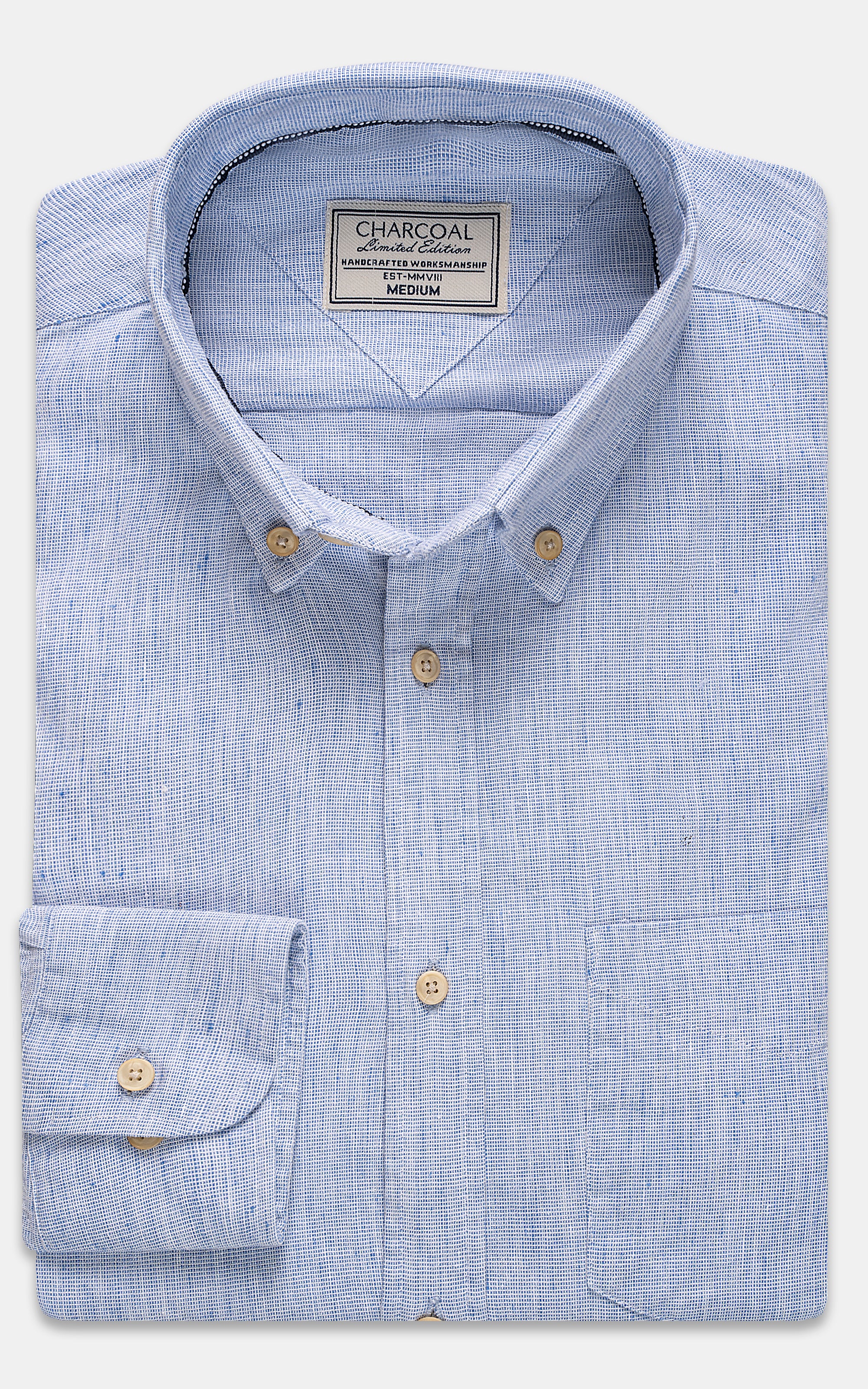 Sky blue linen shirt, button-front with pocket and collar, gold buttons