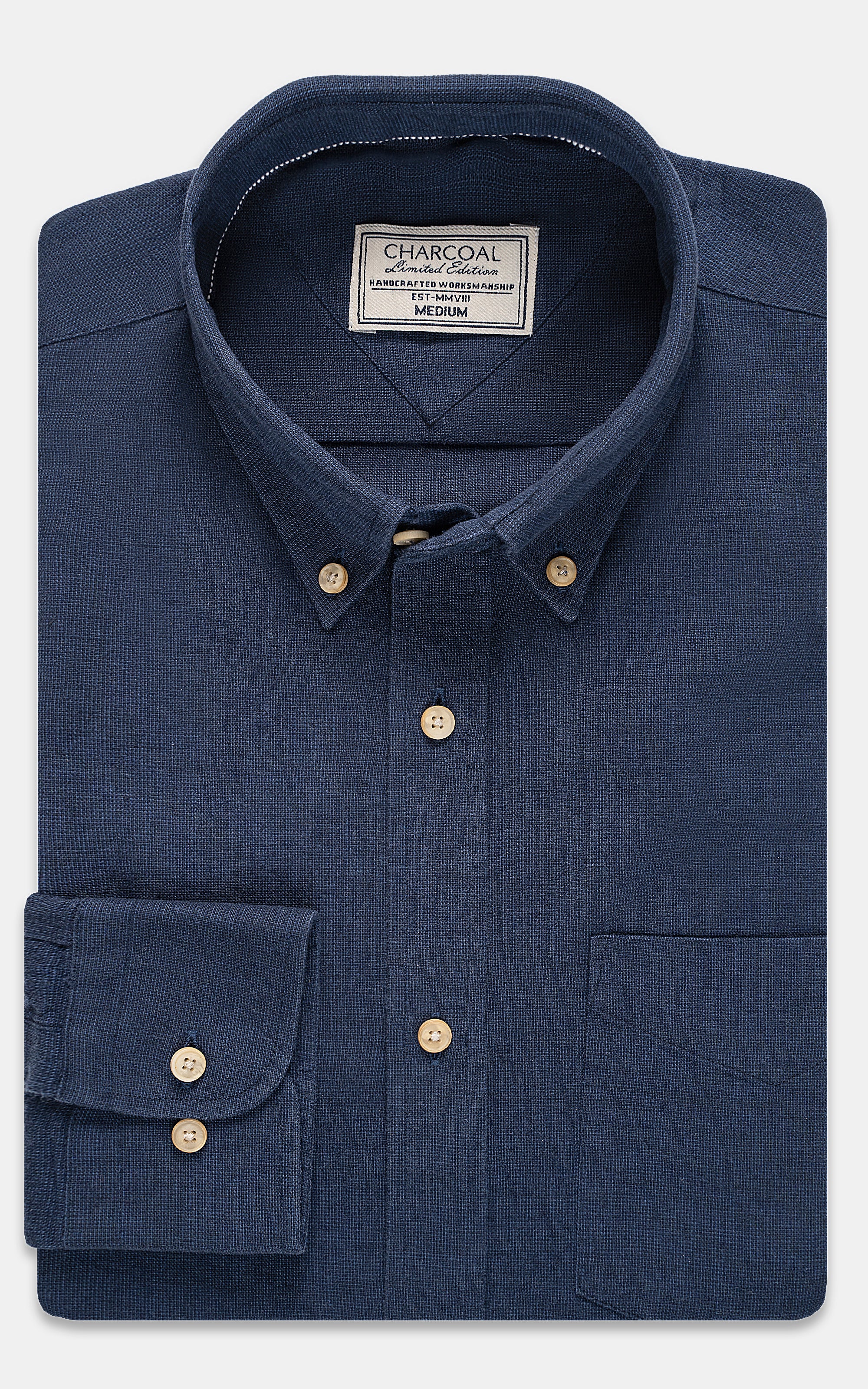 Navy linen shirt with button-up collar and chest flap pockets